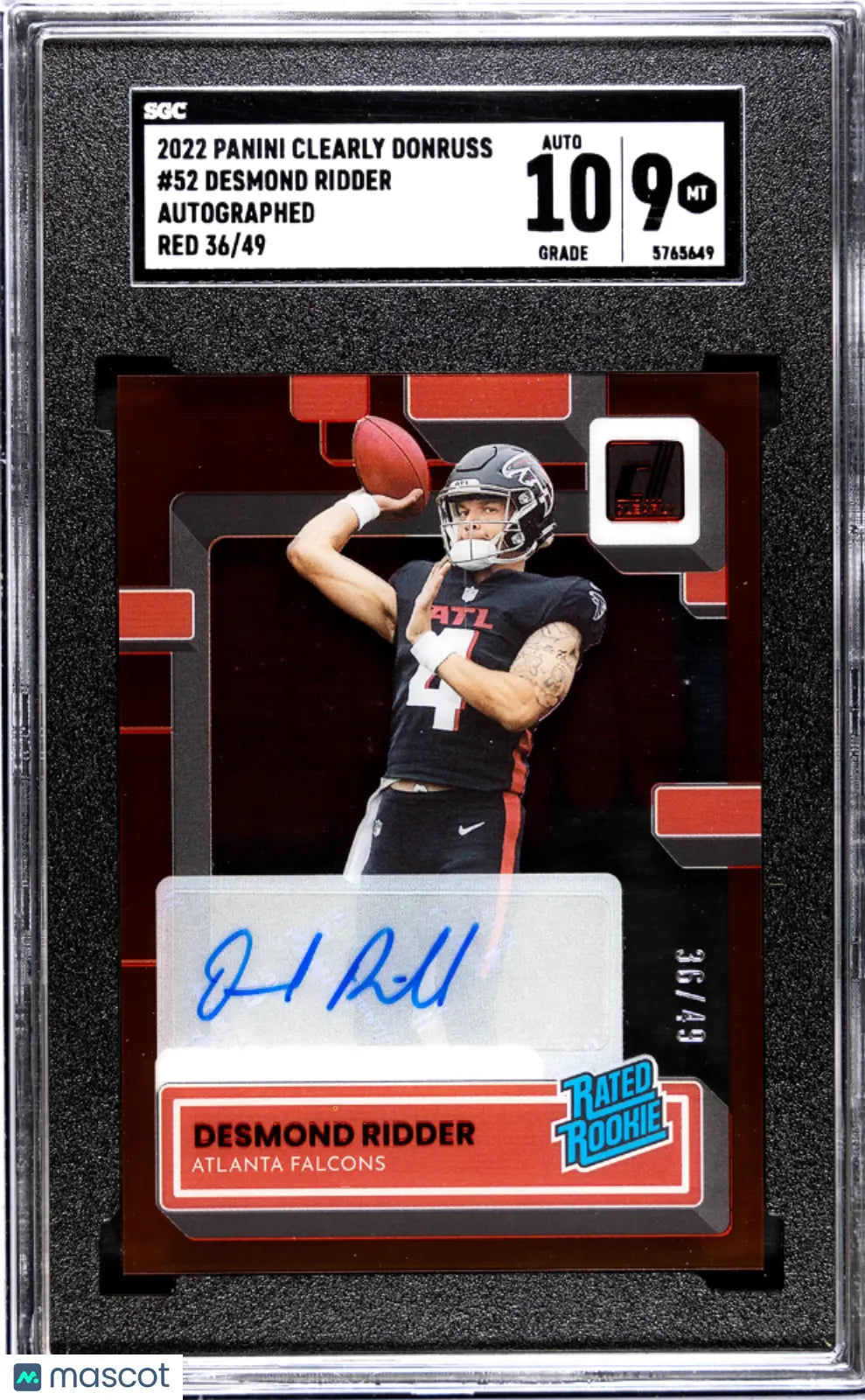 2022 Panini Clearly Donruss Desmond Ridder Rated Rookie Red Auto SGC 9 /49 