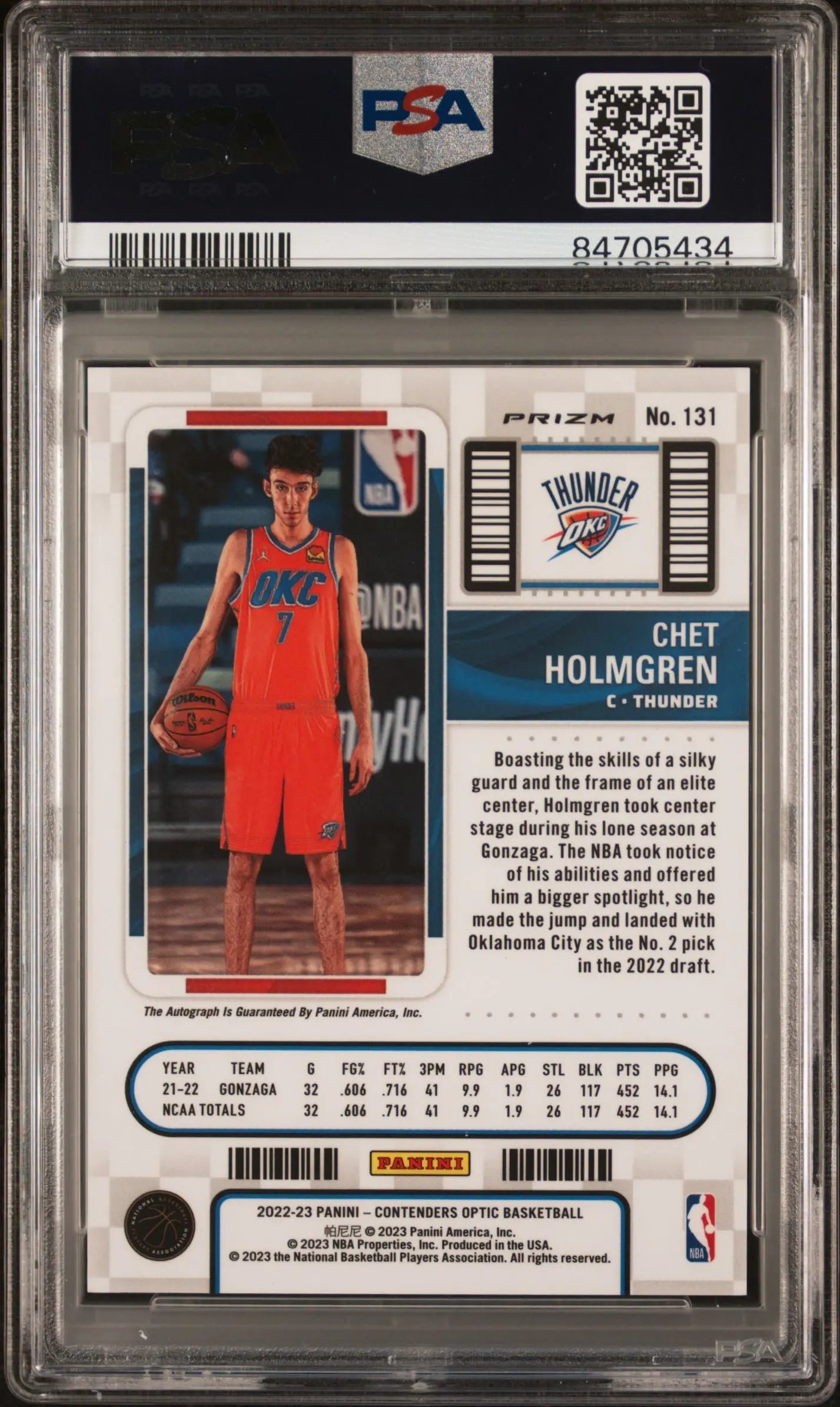 2022 Panini Contenders Optic Chet Holmgren #131 Autograph Auto PSA 10 
