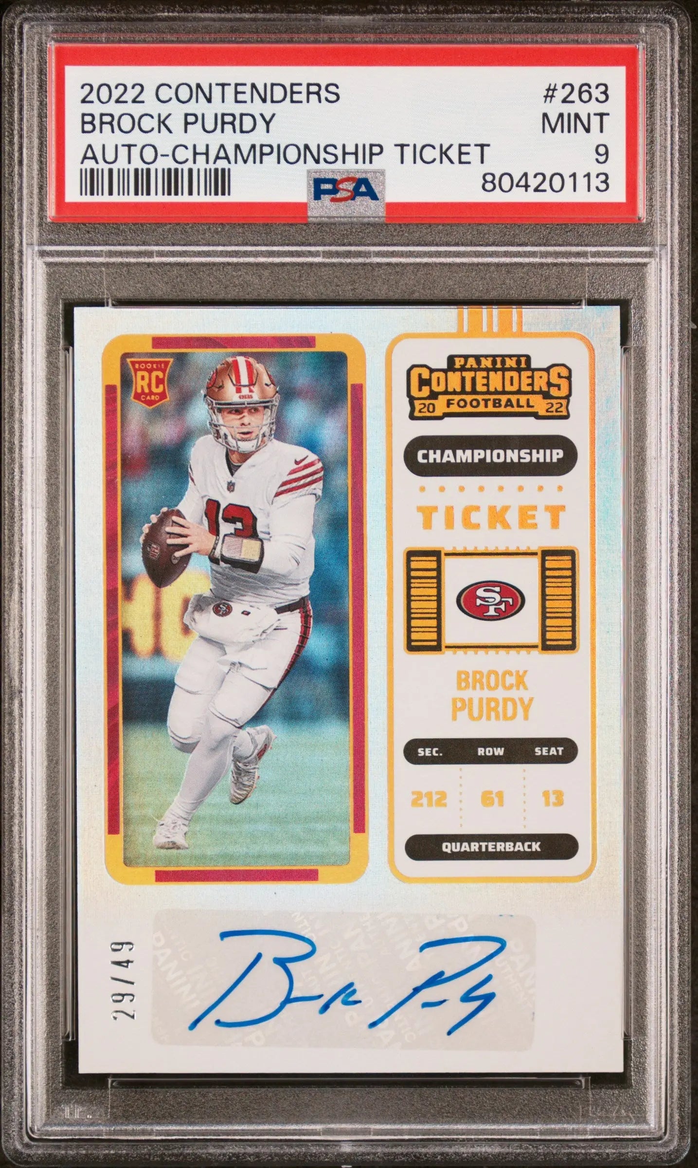 2022 Panini Contenders Rookie Autograph Ticket Brock Purdy Auto /49 PSA 9 