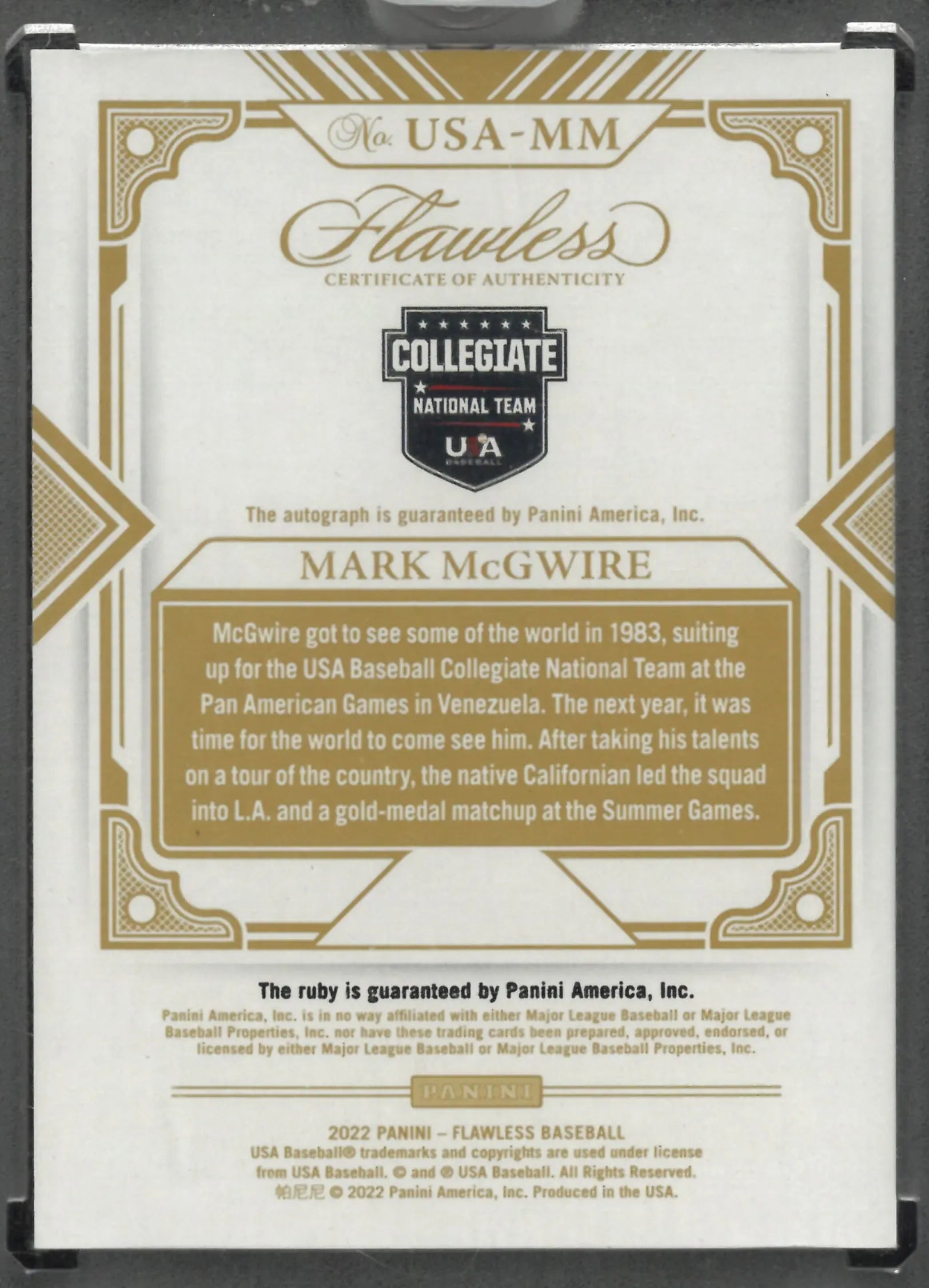 2022 Panini Flawless Autograph Collegiate National Team Mark McGwire Auto /20 