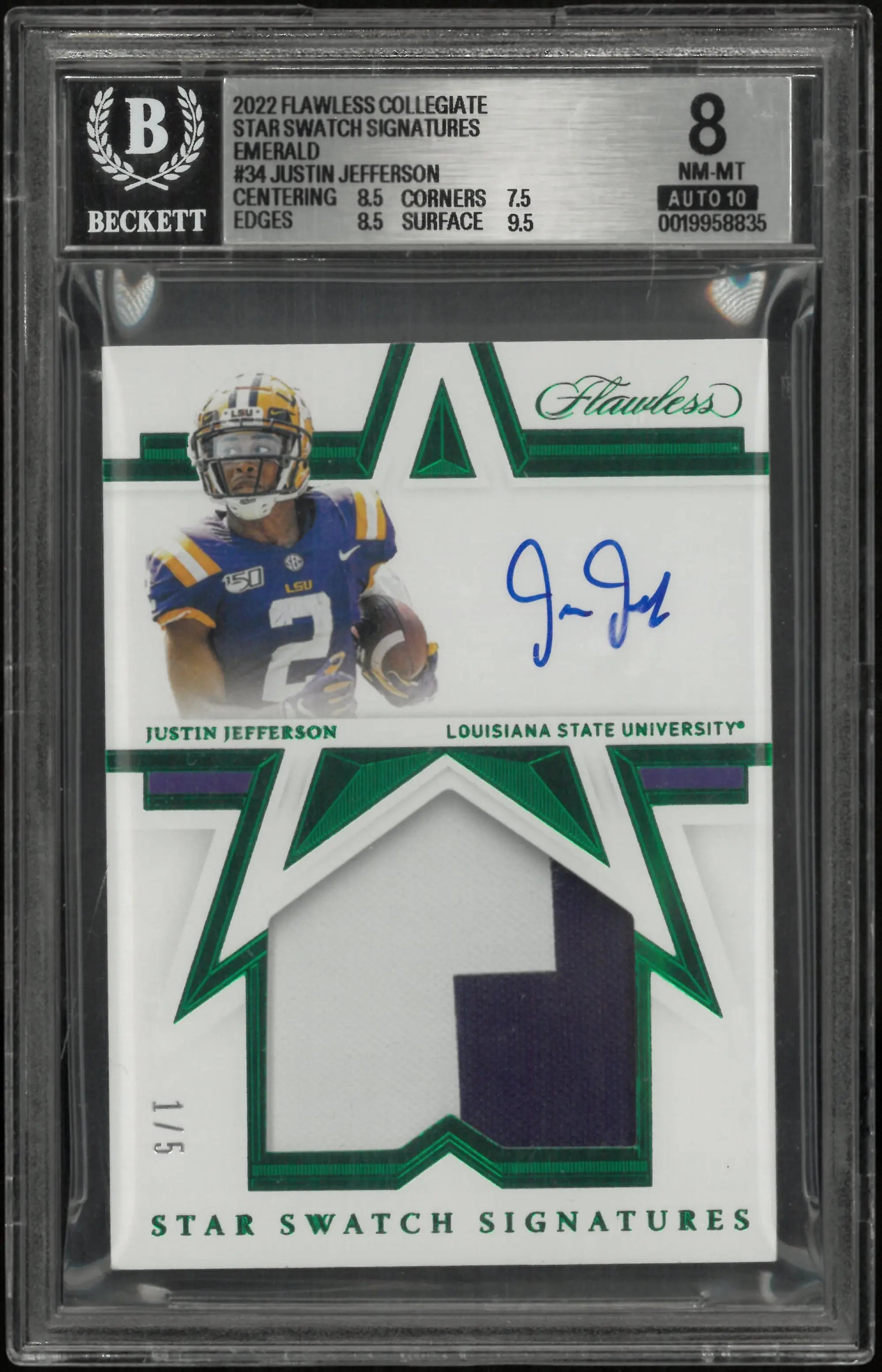 2022 Panini Flawless Star Autograph Patch Emerald Justin Jefferson BGS 8 Auto 10 