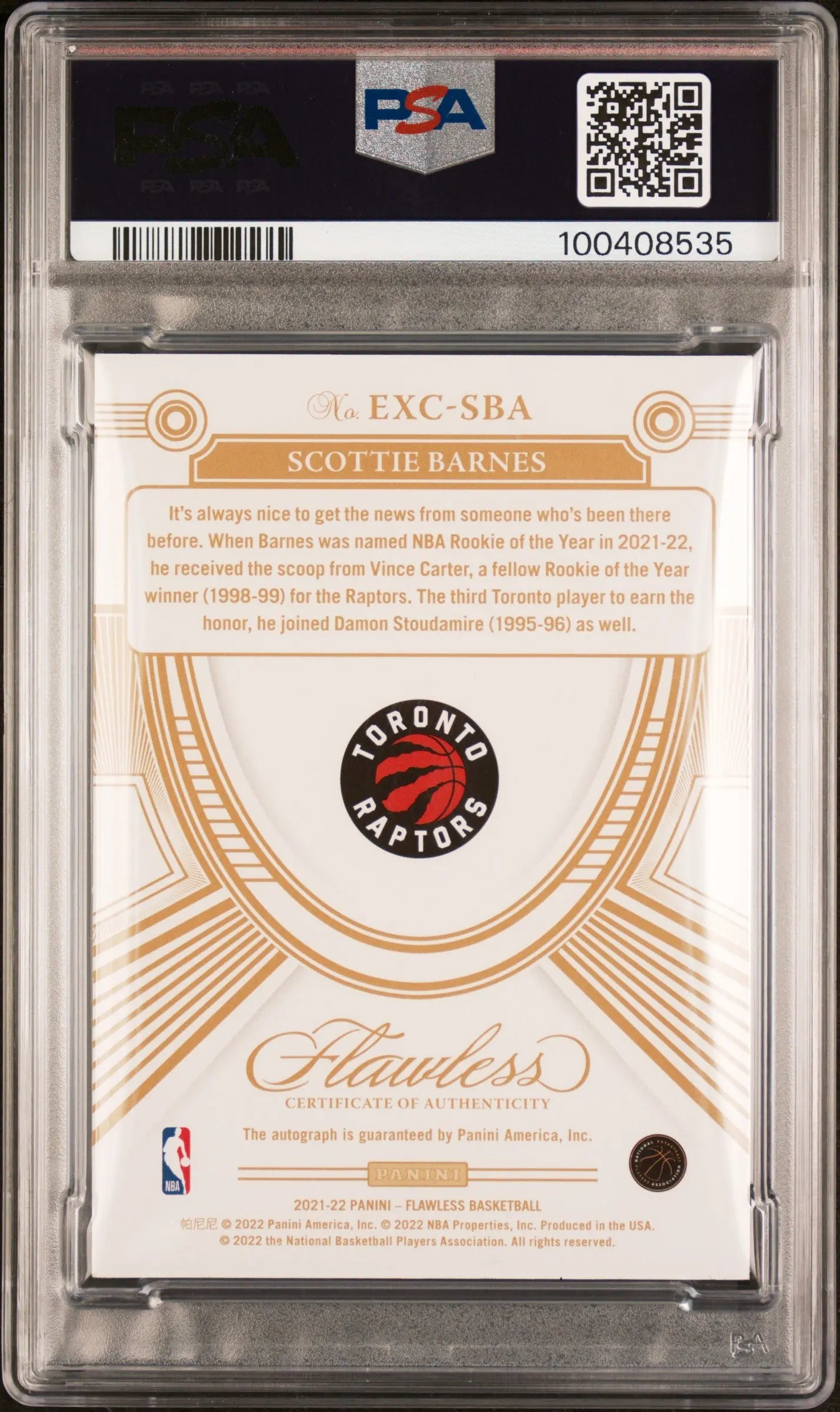2022 Panini Flawless Update Scottie Barnes '21 Excellence SIG/ 5 PSA A Autograph 