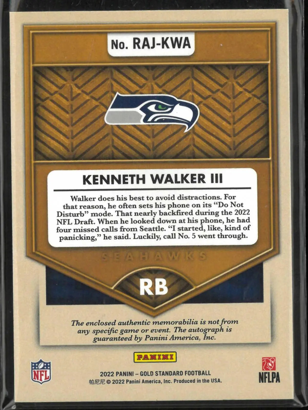 2022 Panini Gold Standard Rookie Patch Autograph Kenneth Walker III Auto /149 RC 
