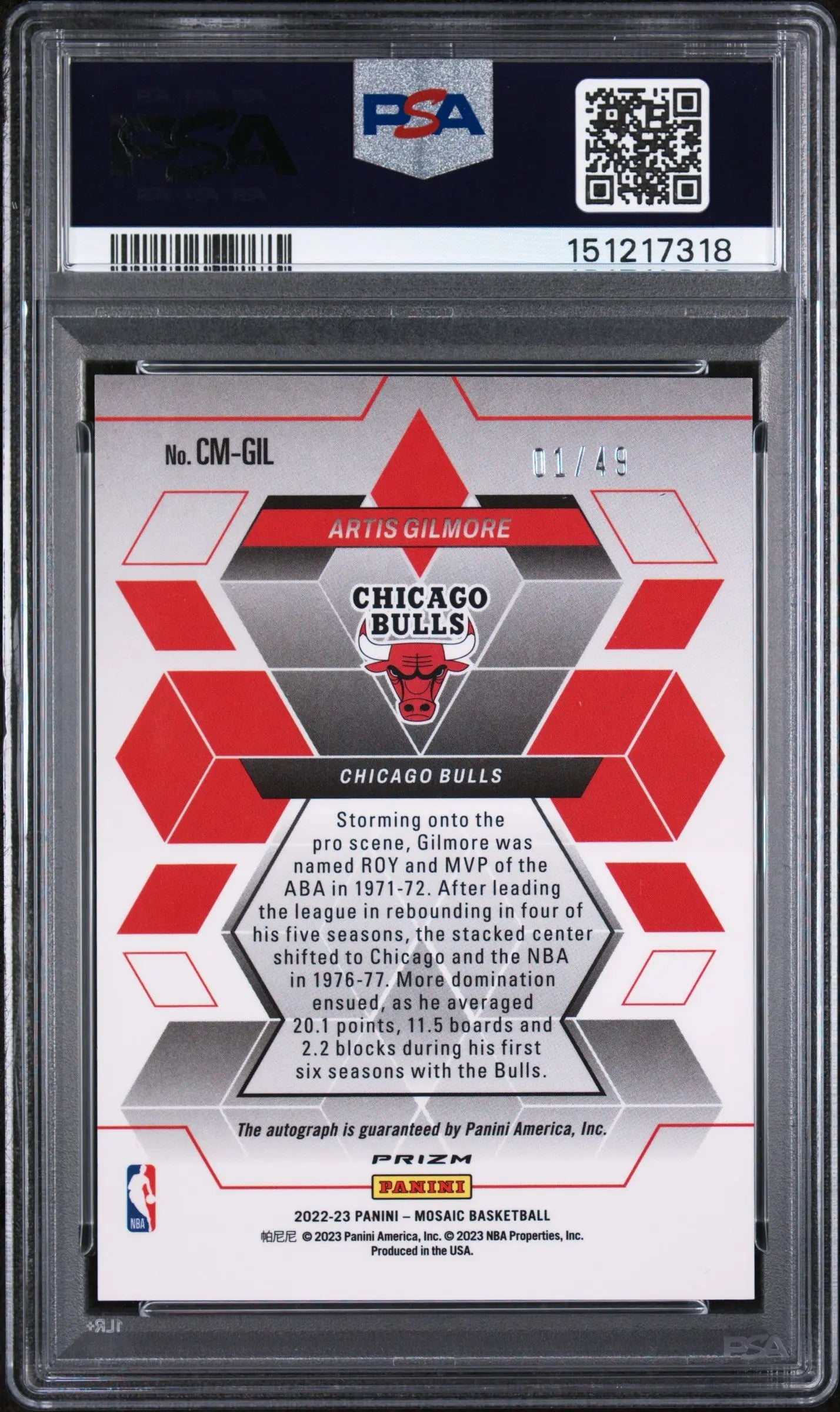 2022 Panini Mosaic Collage Autographs Mosaic Artis Gilmore Auto Blue /49 PSA 9 