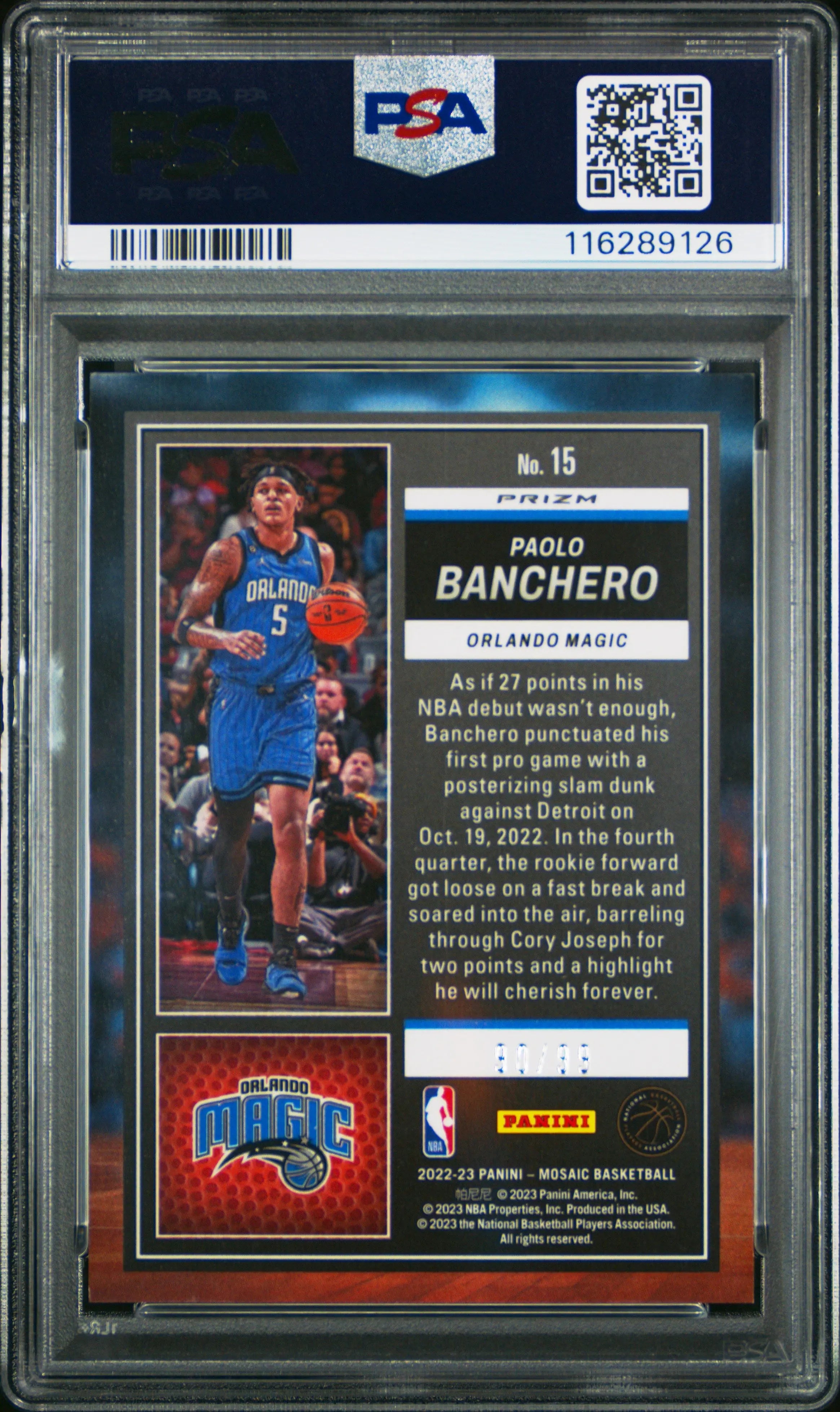 2022 Panini Mosaic Jam Masters Paolo Banchero #15 Reactive Blue PSA 9 