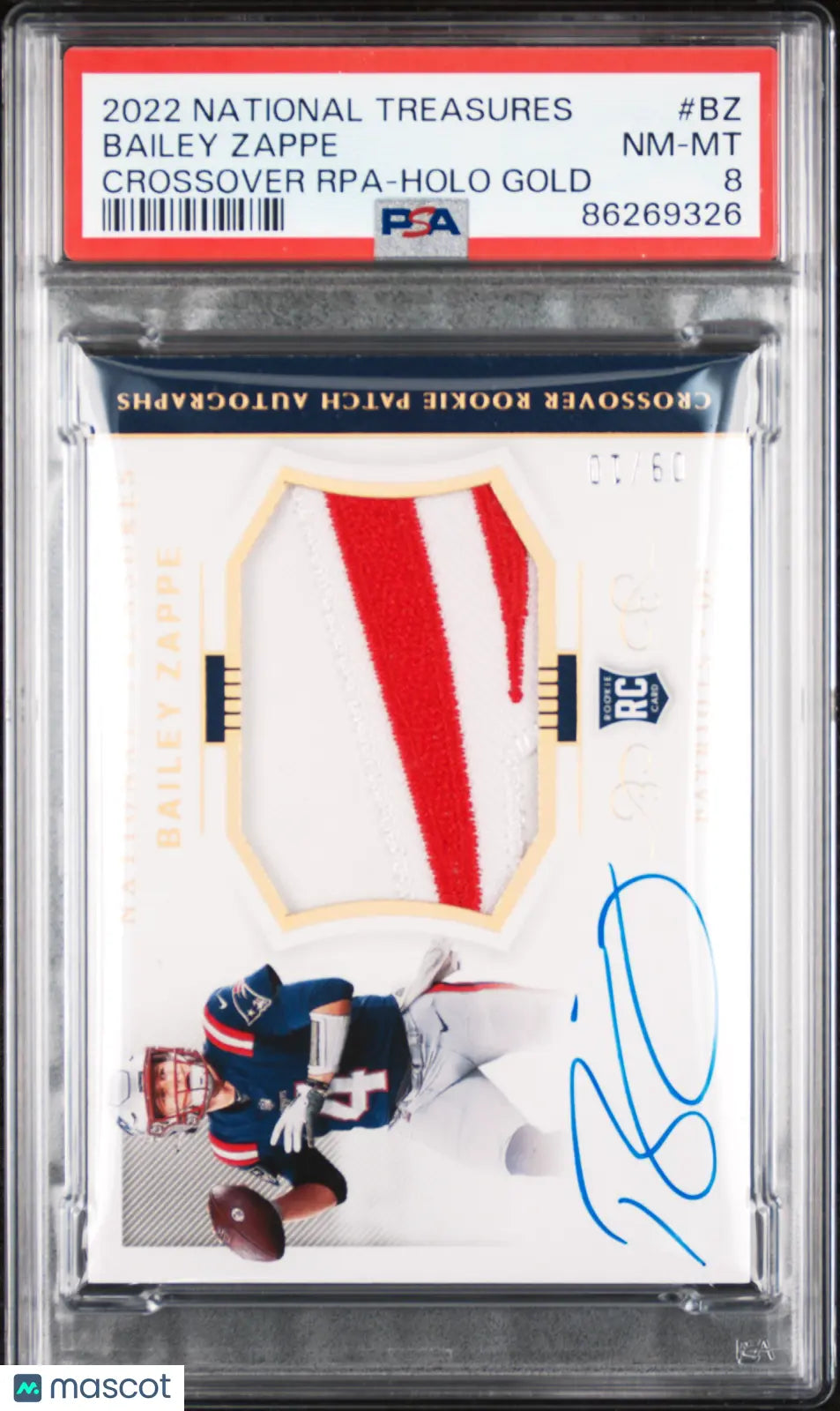 2022 Panini National Treasure Crossover Rookie Patch Auto Bailey Zappe RC PSA 8 