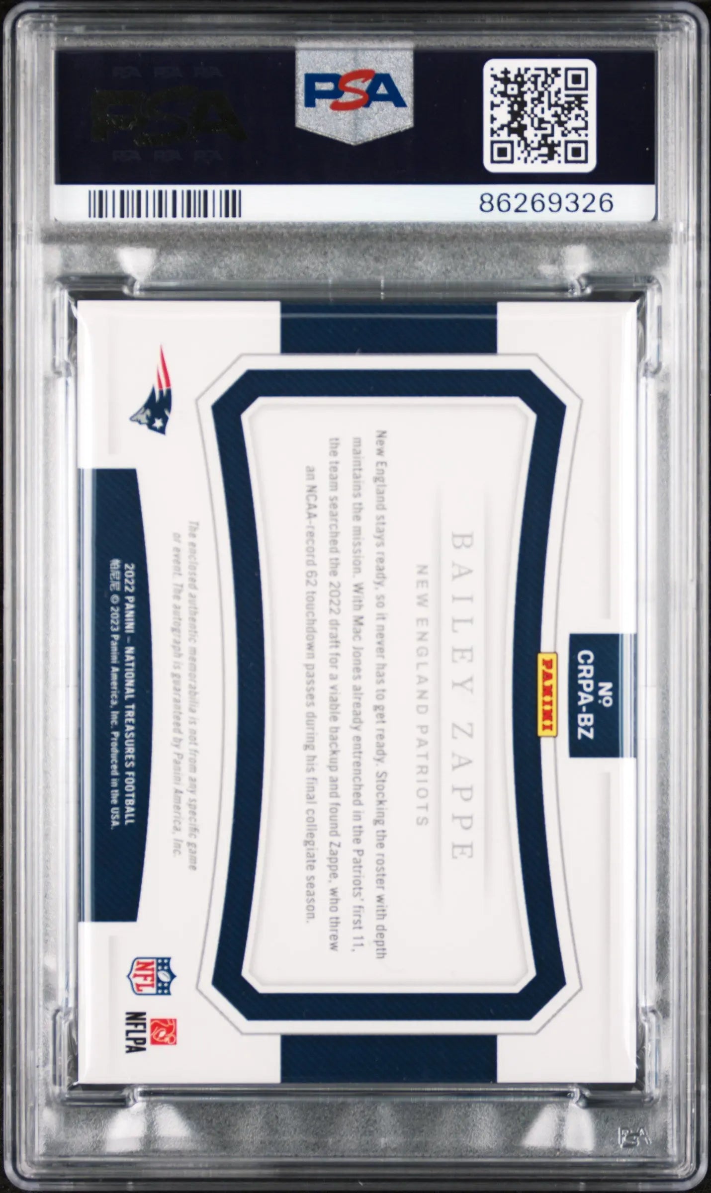 2022 Panini National Treasure Crossover Rookie Patch Auto Bailey Zappe RC PSA 8 