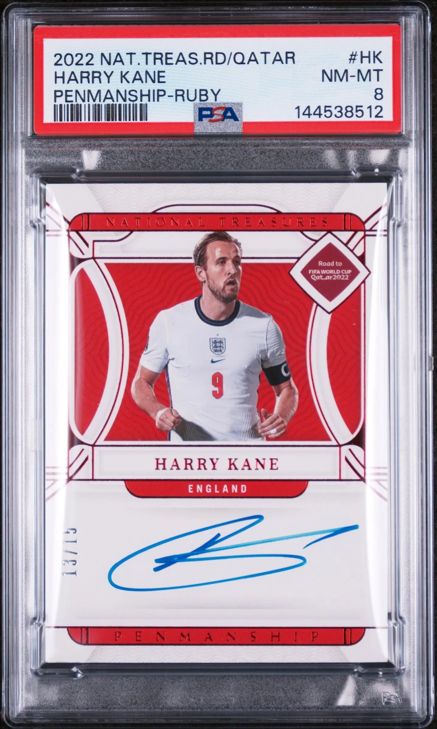 2022 Panini National Treasure FIFA RTQ Ruby Penmanship Auto Harry Kane /15 PSA 8 