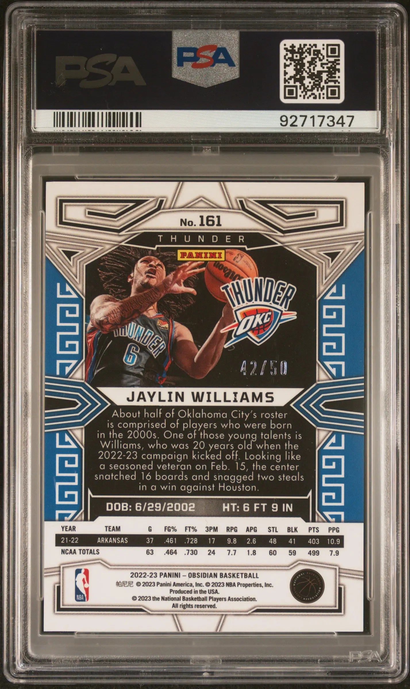 2022 Panini Obsidian Jaylin Williams Rookie Card PSA 8