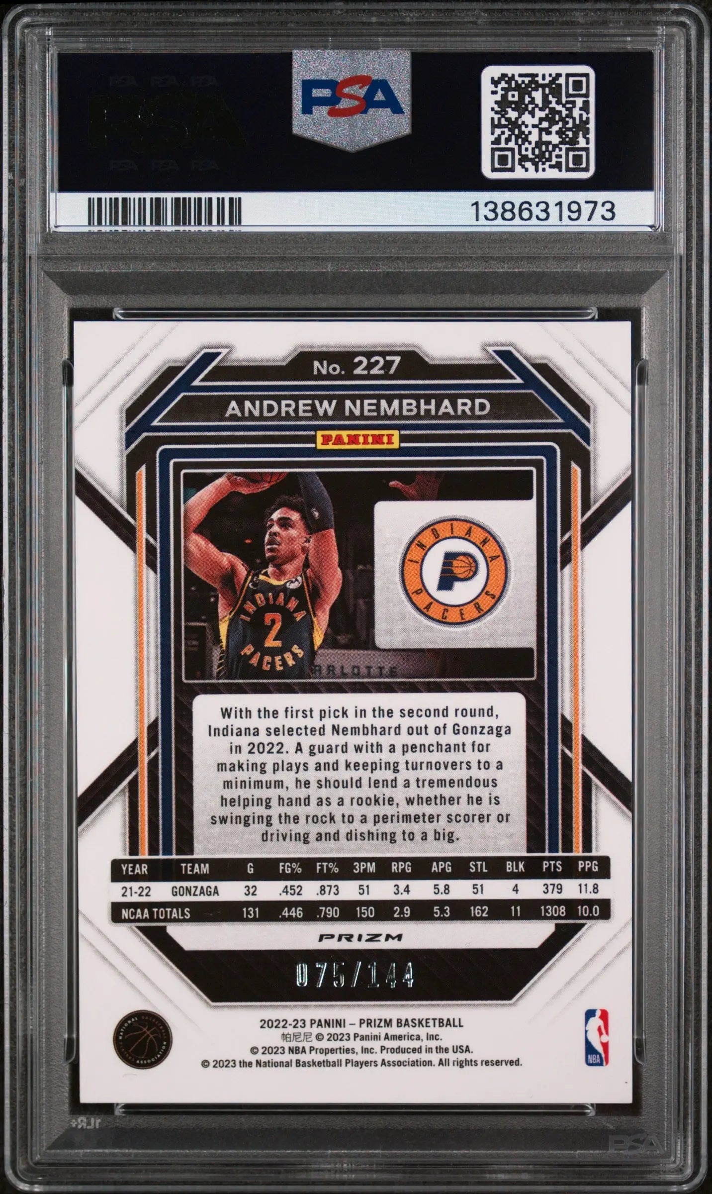 2022 Panini Prizm Andrew Nembhard RC Rookie Blue Sparkle PSA 9 /144 