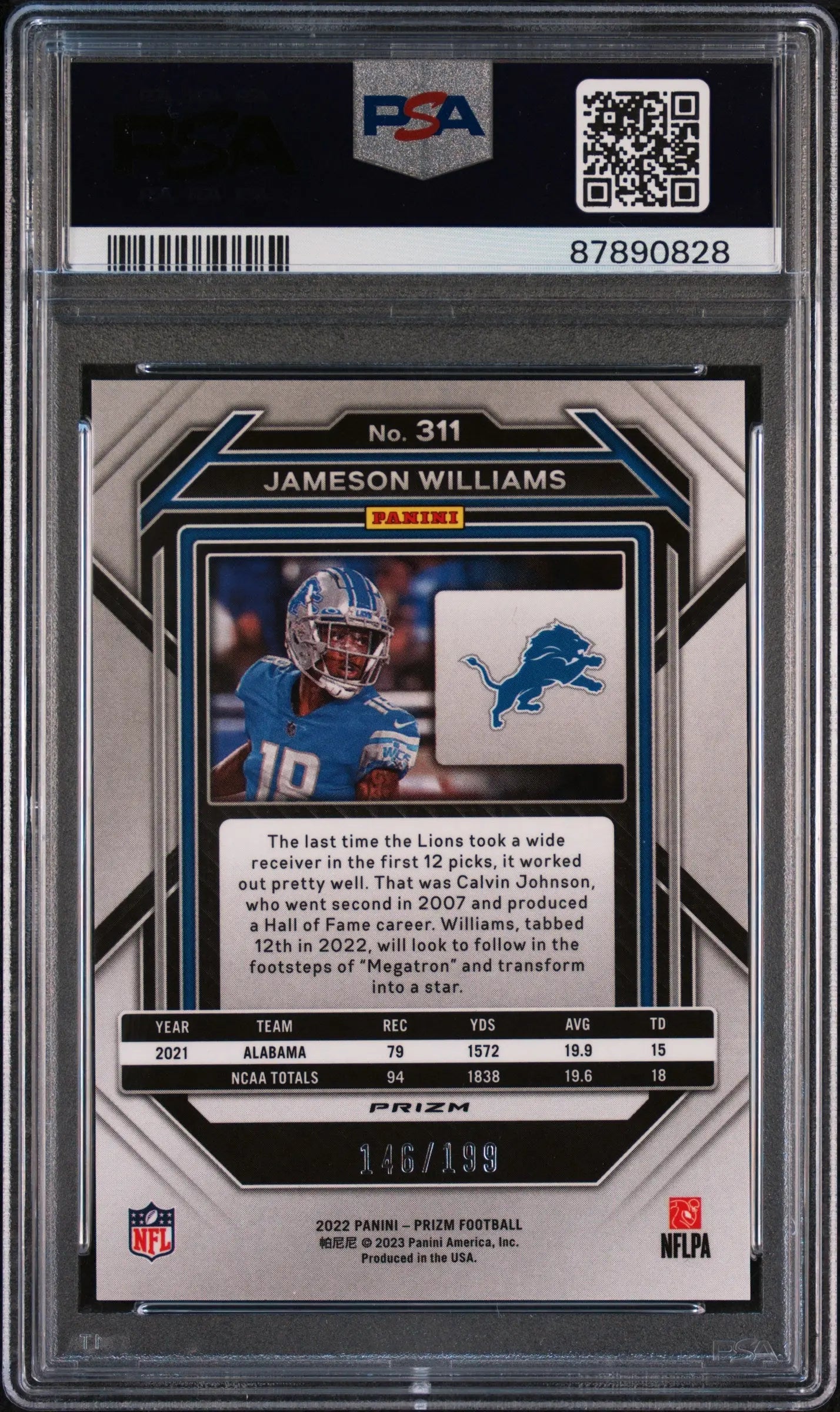 2022 Panini Prizm Jameson Williams #311 Blue Wave RC Rookie PSA 9 