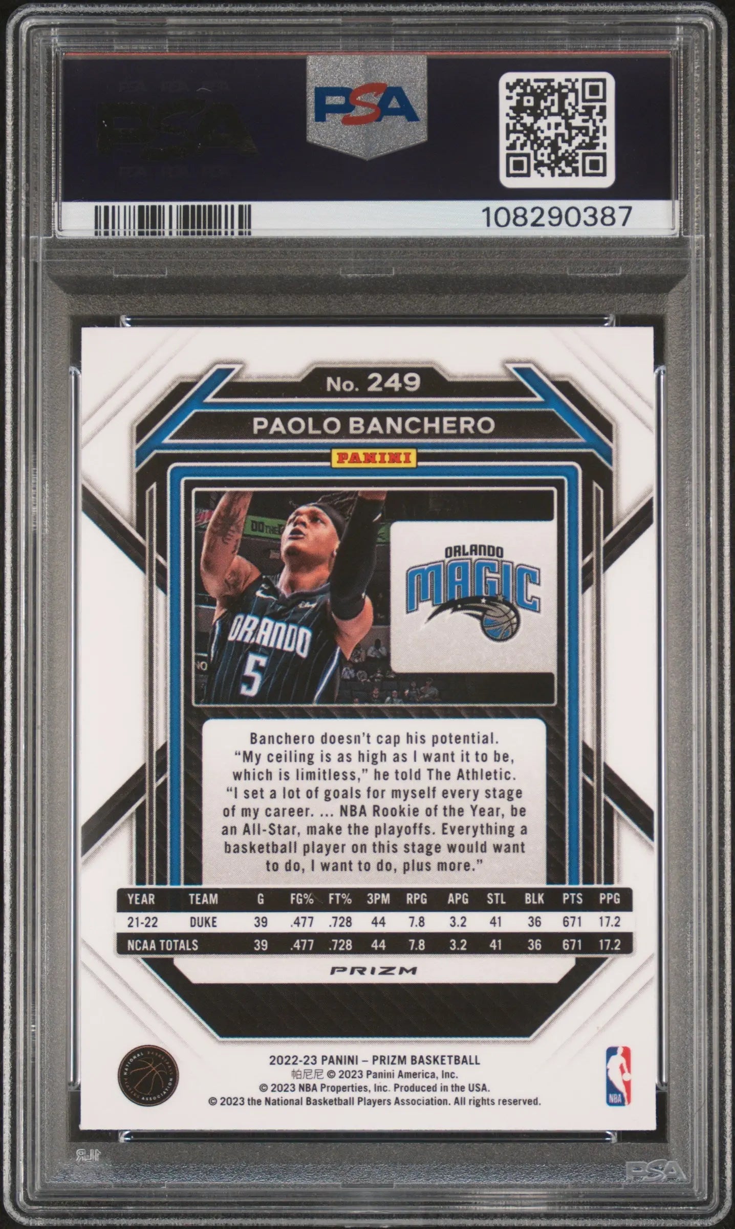 2022 Panini Prizm Paolo Banchero RC Rookie #249 Ruby Wave PSA 10 