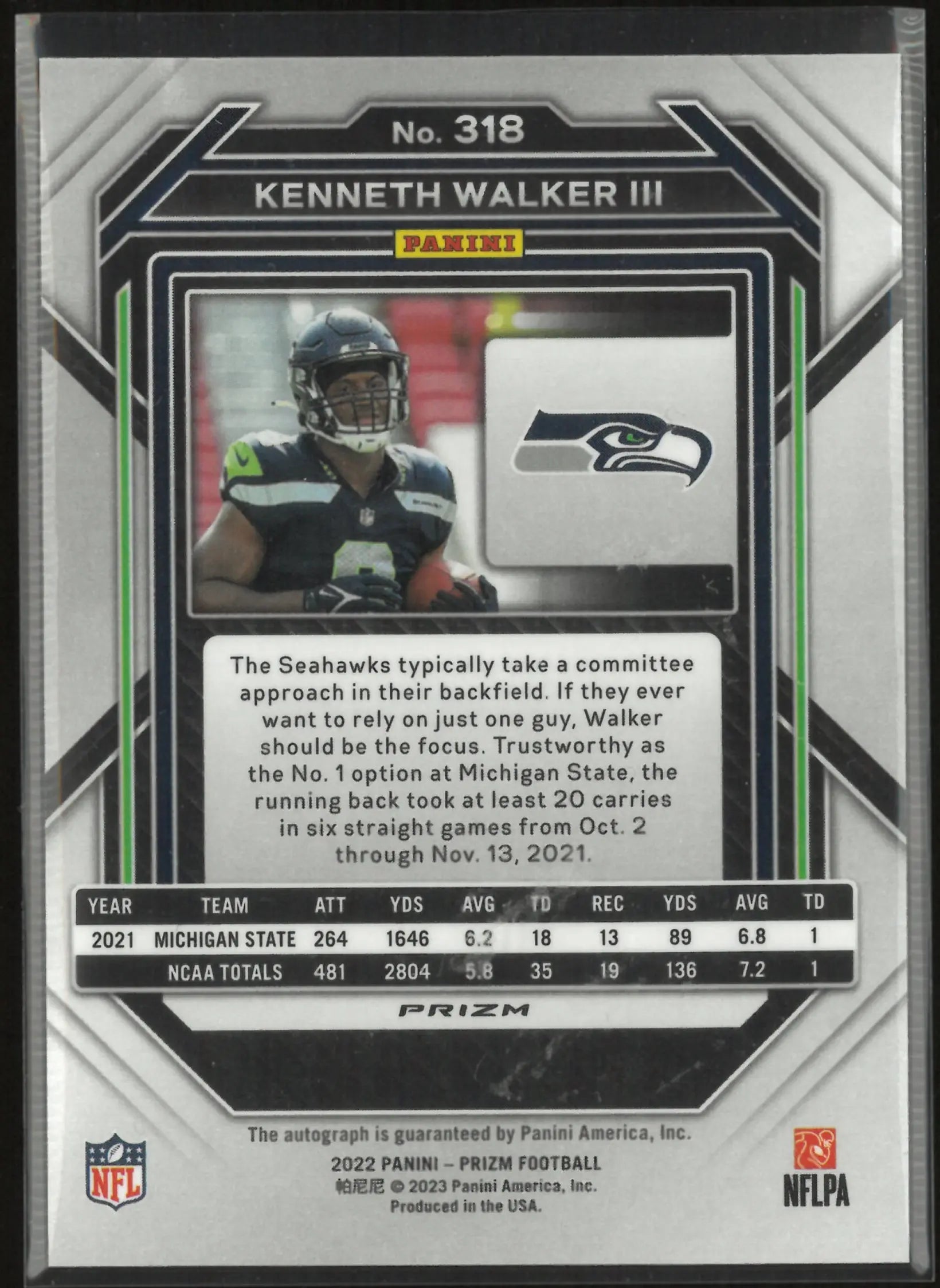 2022 Panini Prizm Rookie Autograph Kenneth Walker III Auto RC 