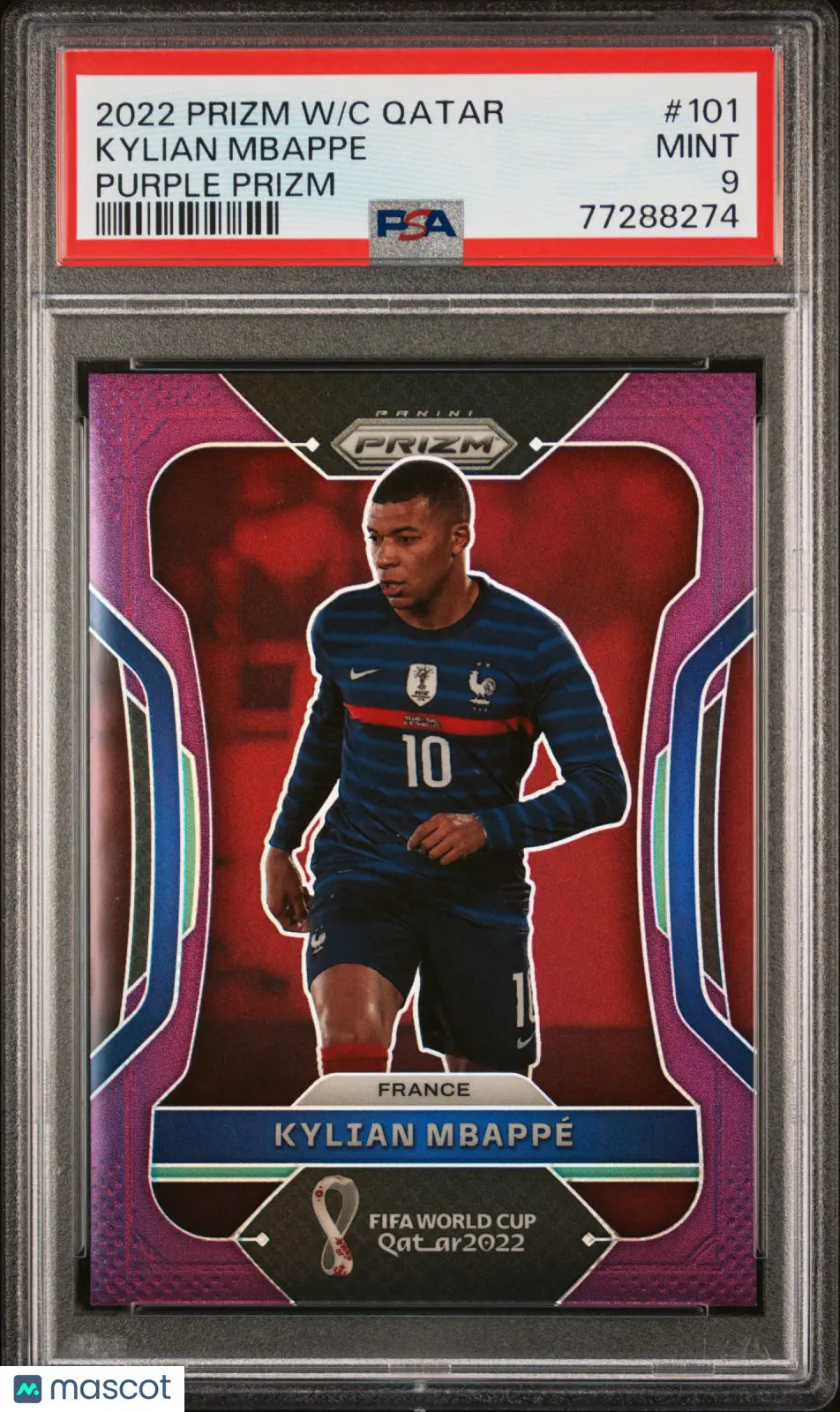 2022 Panini Prizm World Cup Qatar Kylian Mbappe Purple Prizm /199 PSA 9 