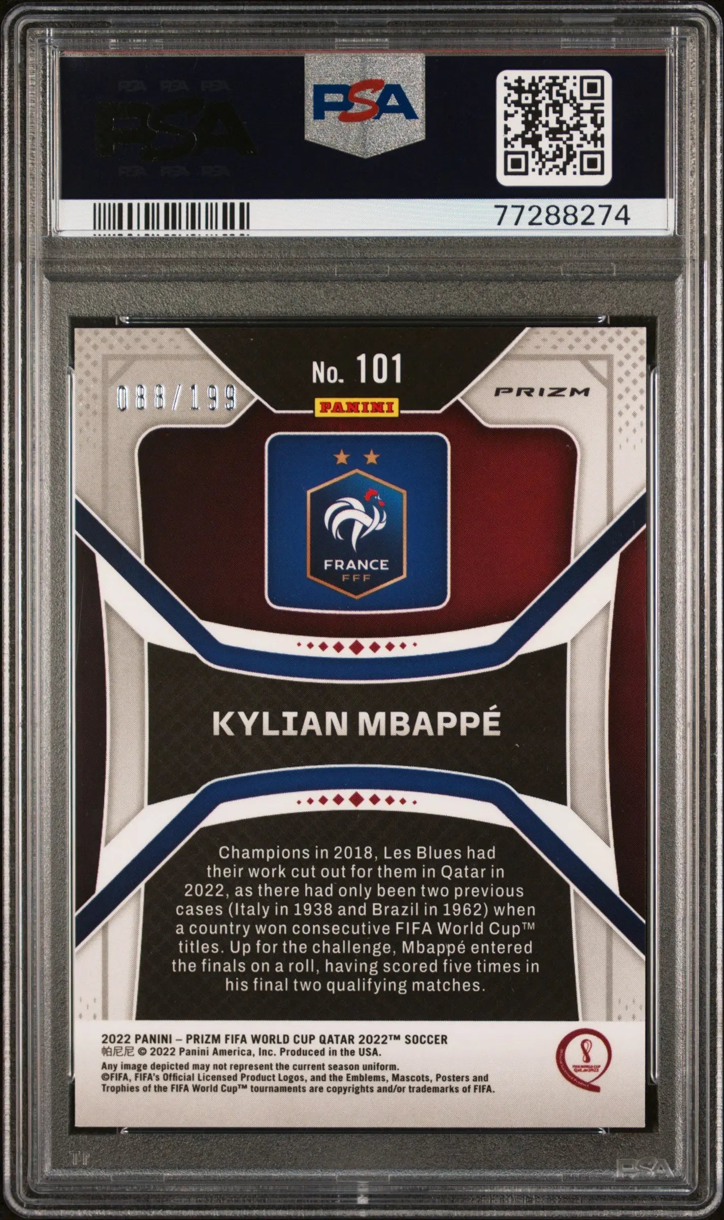 2022 Panini Prizm World Cup Qatar Kylian Mbappe Purple Prizm /199 PSA 9 
