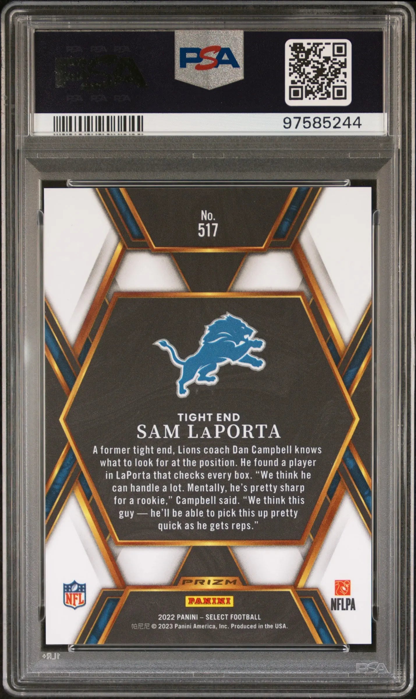 2022 Panini Select Sam Laporta XRC Rookie #517 PSA 10 