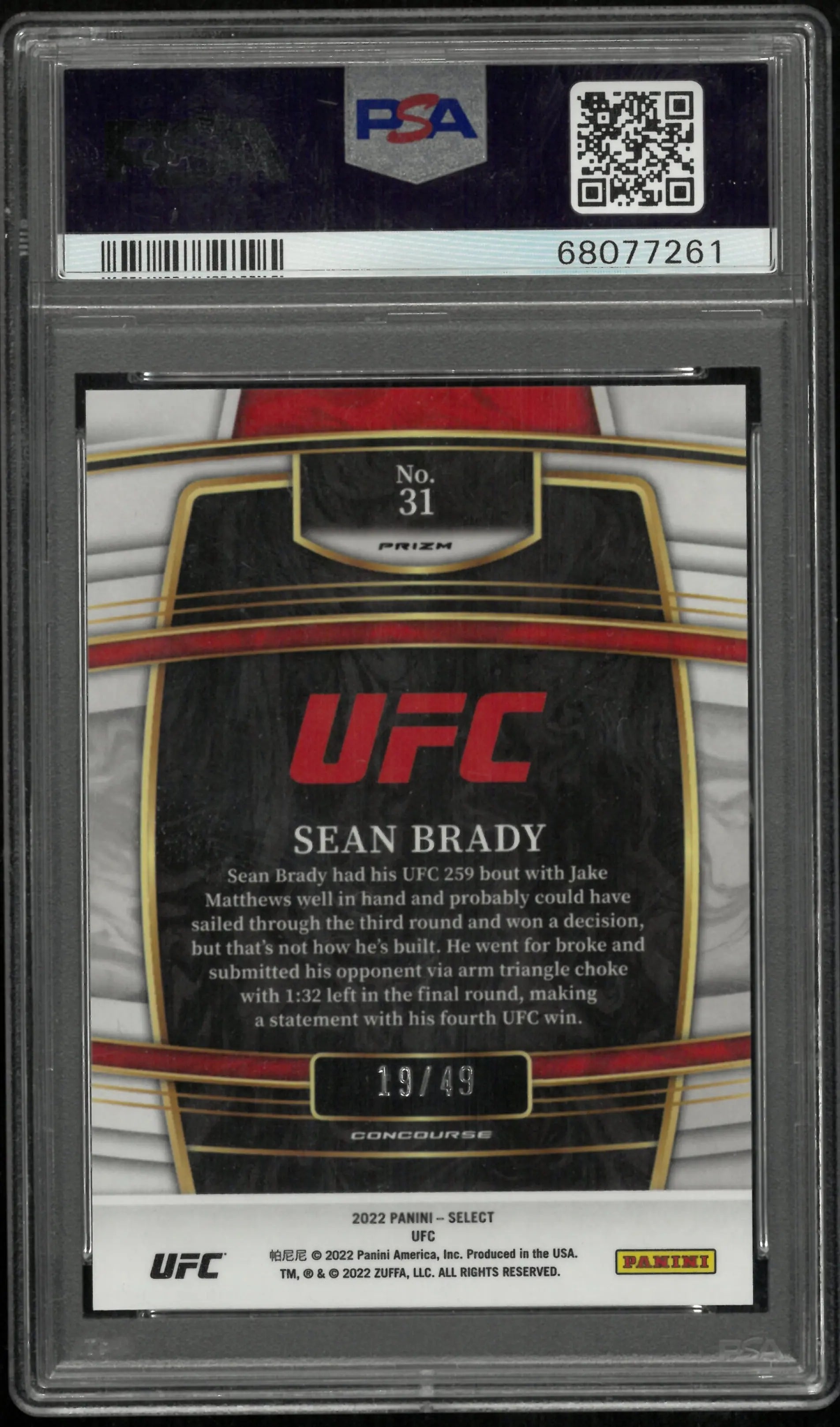 2022 Panini Select UFC Sean Brady #31 Neon Green Prizm PSA 10 
