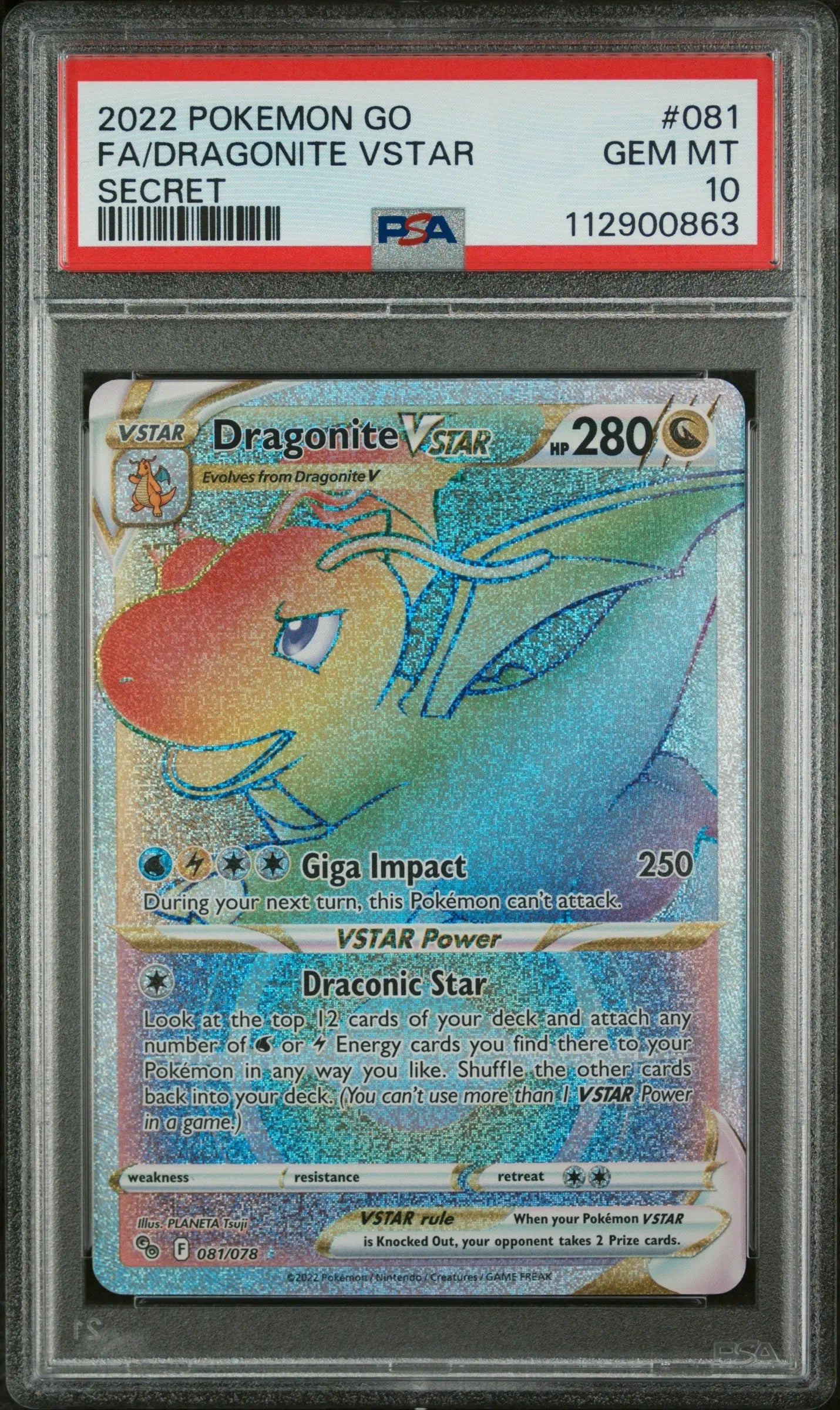 2022 Pokemon GO Dragonite VStar Secret 081/078 PSA 10 
