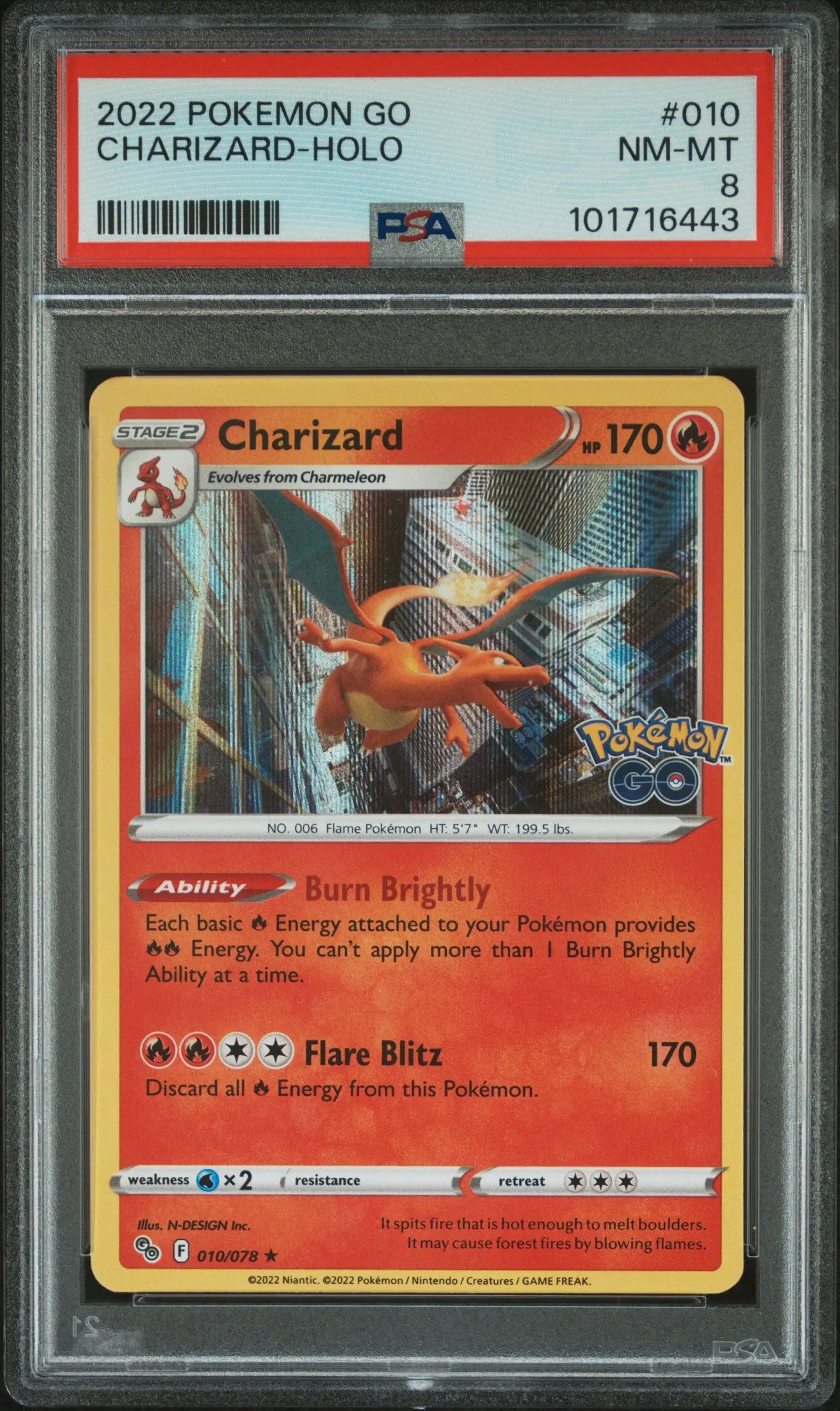 2022 Pokemon Go Charizard Holo 010/078 PSA 8 