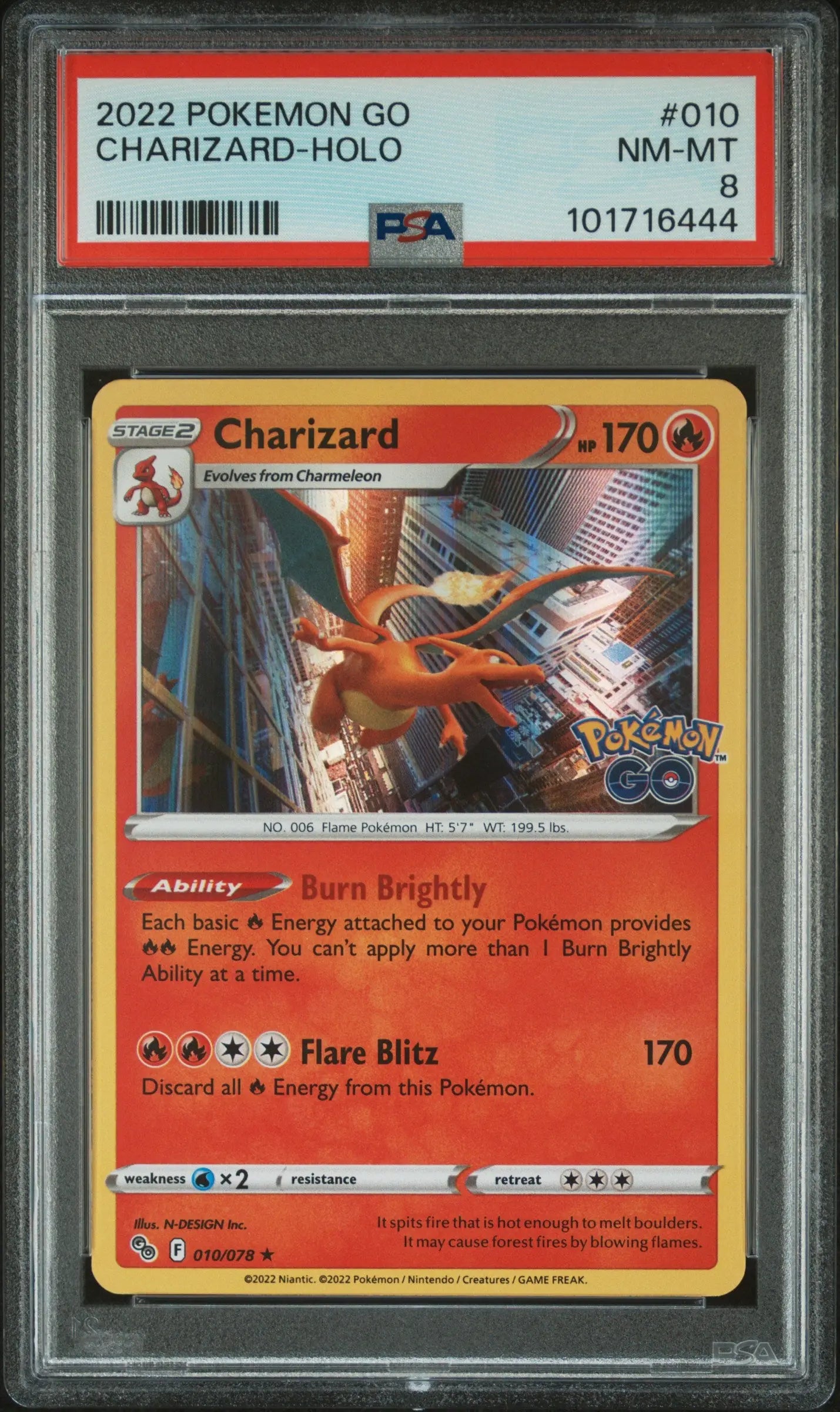 2022 Pokemon Go Charizard Holo 010/078 PSA 8 