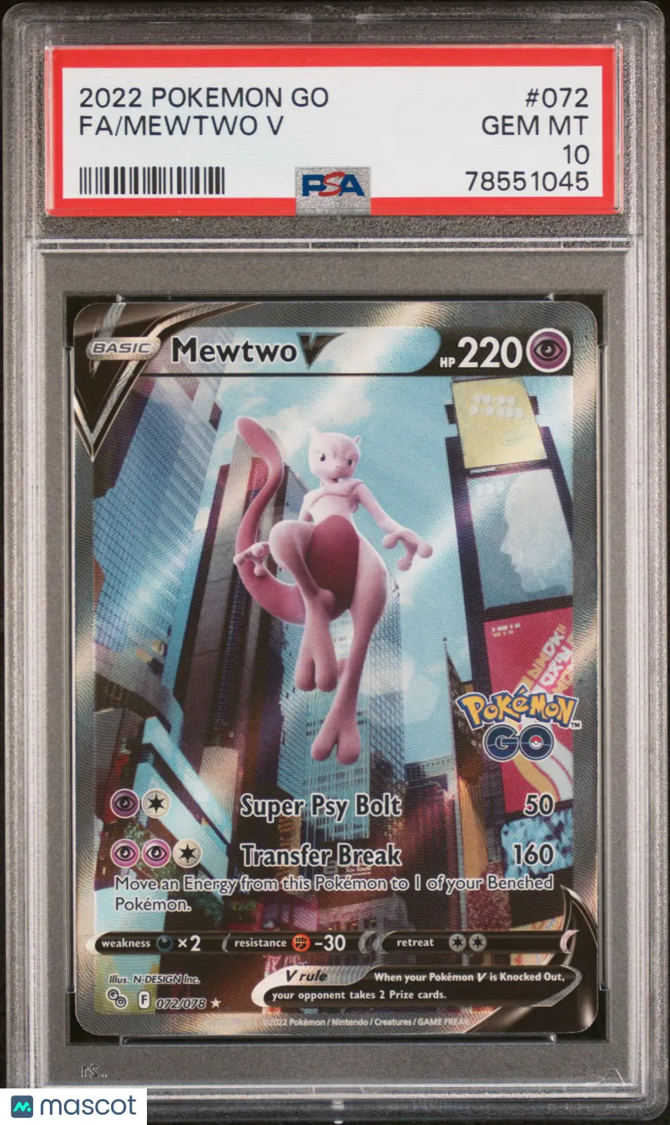 2022 Pokemon Go Mewtwo V Fa PSA 10 72/78 