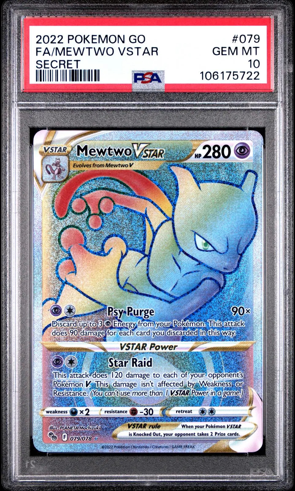 2022 Pokemon Go Mewtwo Vstar Secret 079/078 PSA 10 