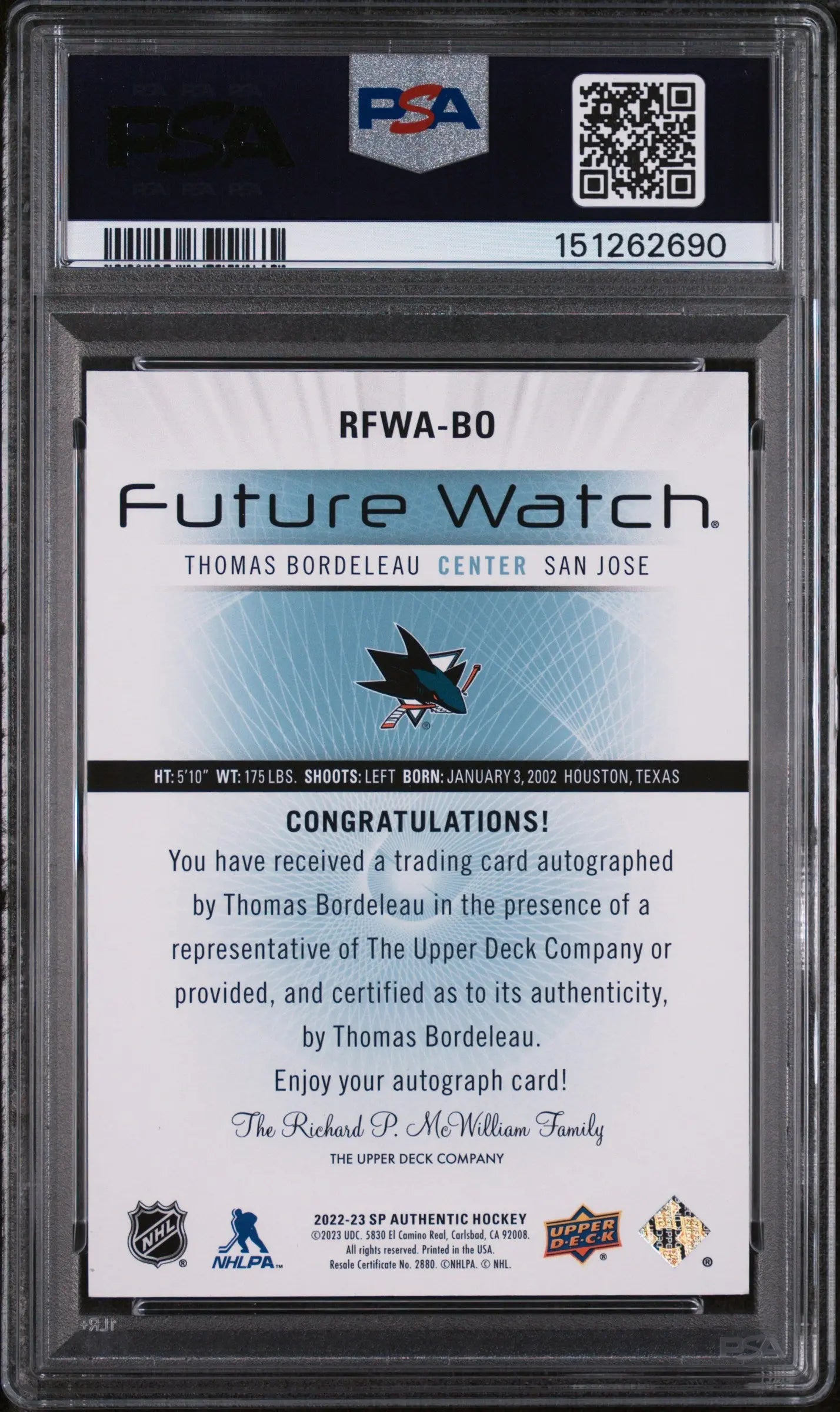 2022 SP Authentic 2012-2013 Retro Autograph Future Watch Thomas Bordeleau #RFWABO 321/699 PSA 10 