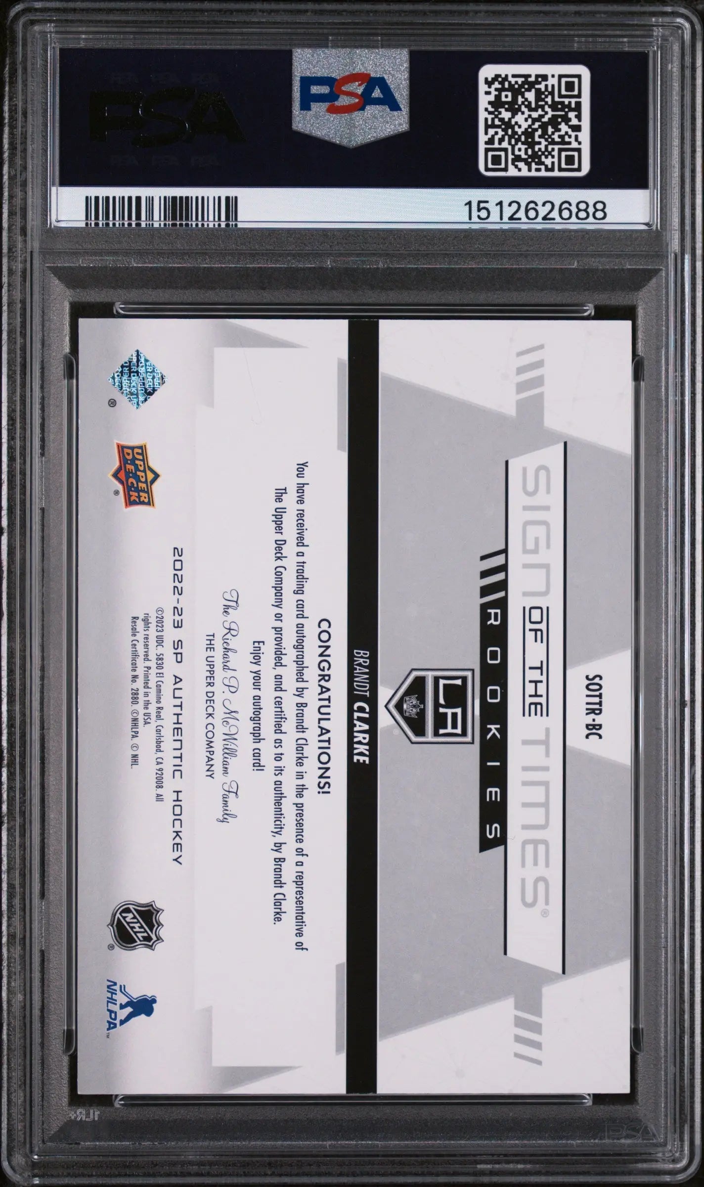 2022 SP Authentic Sign Of The Times Rookies Brandt Clarke #SOTTRBC PSA 10 