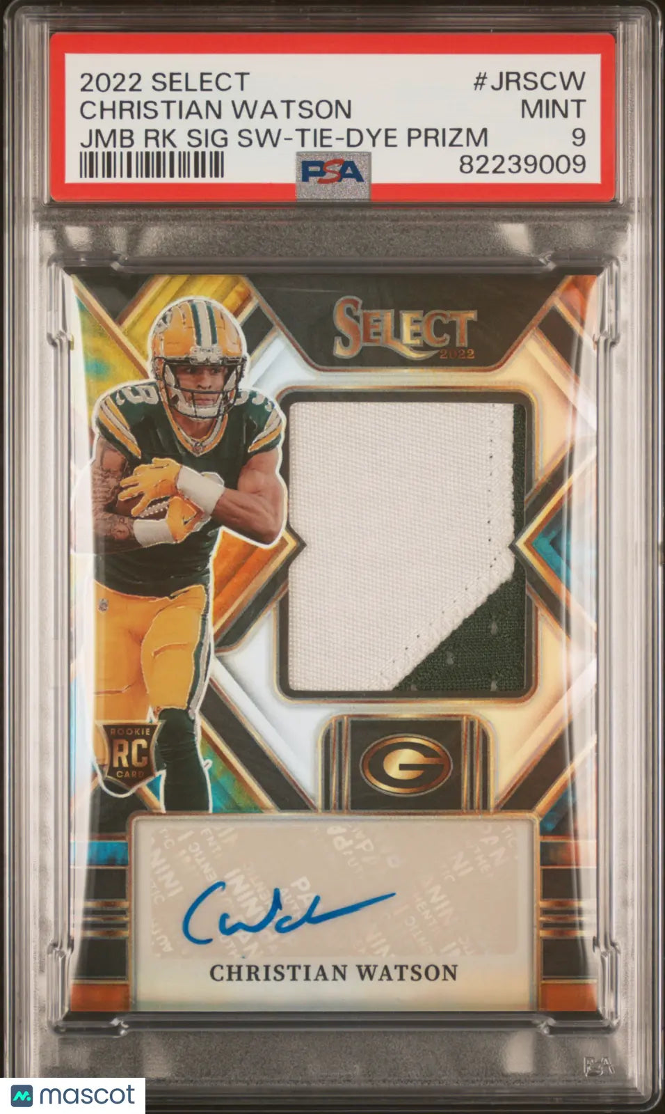 2022 Select Football Christian Watson RC Jumbo Patch Auto TieDye Prizm PSA 9 /25 