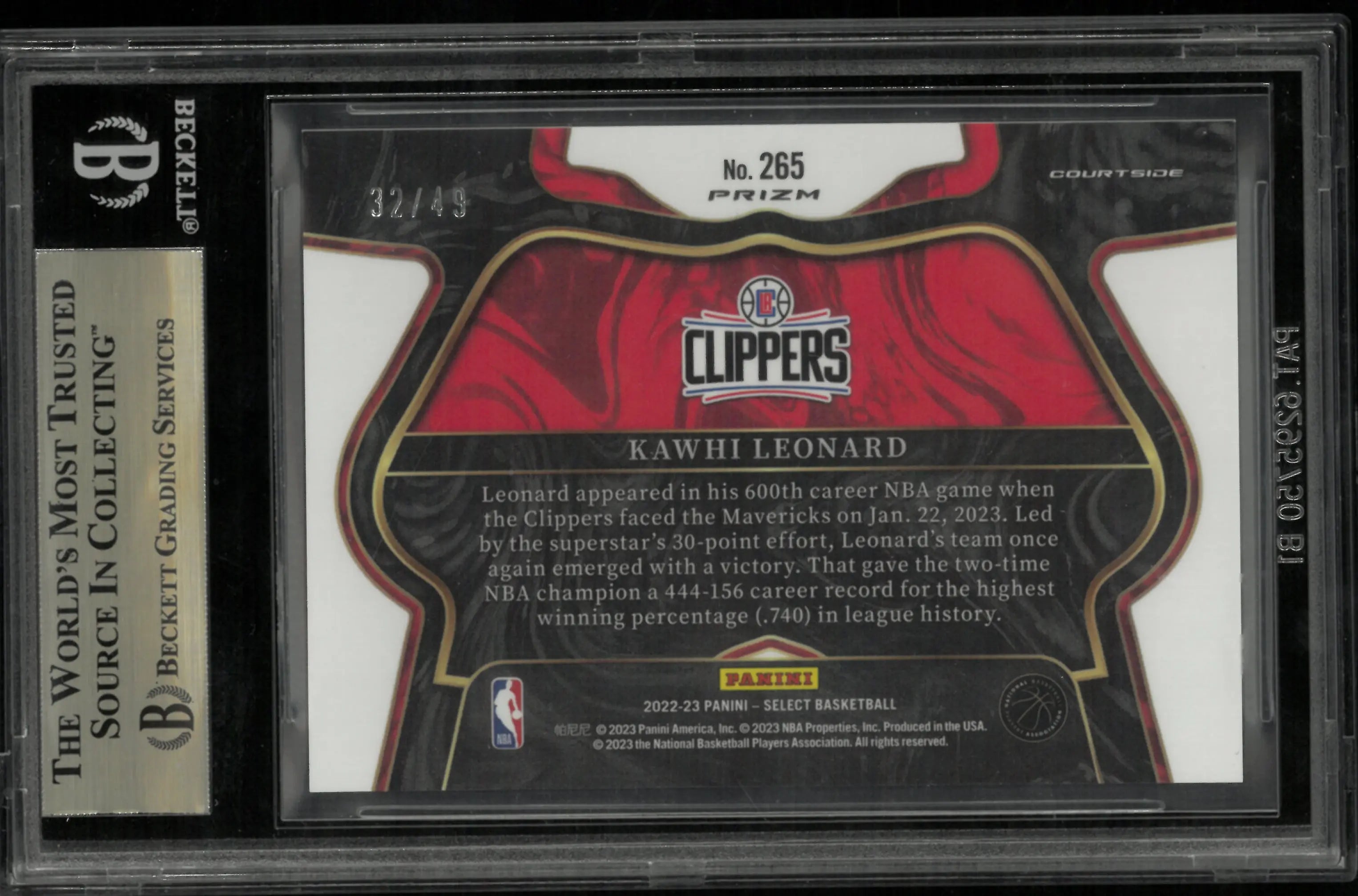 2022 Select Prizms Red Disco Kawhi Leonard #265 BGS 9.5 /49 