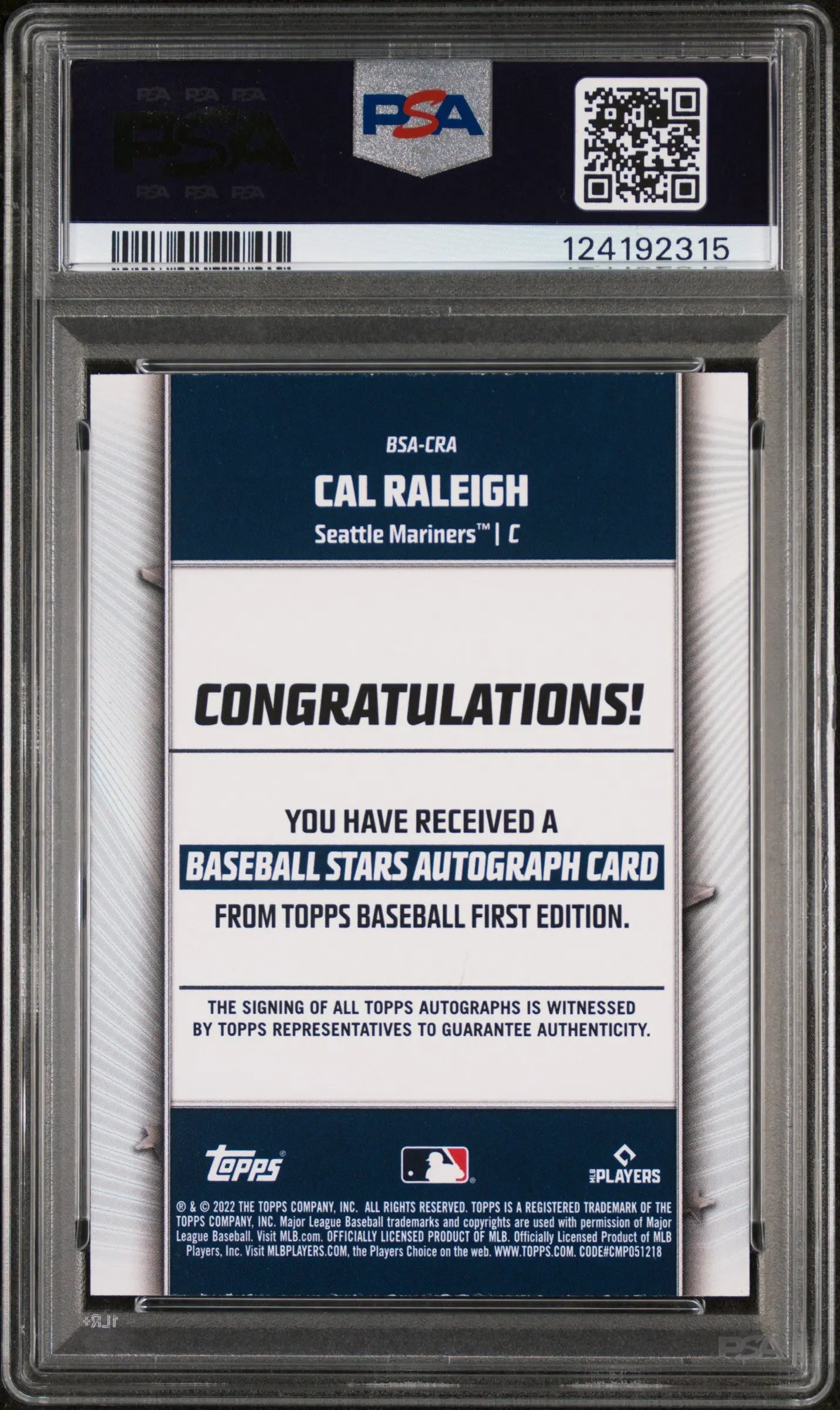 2022 Topps 1st Edition Baseball Stars Autographs Cal Raleigh #BSACRA 49/50 PSA 8 
