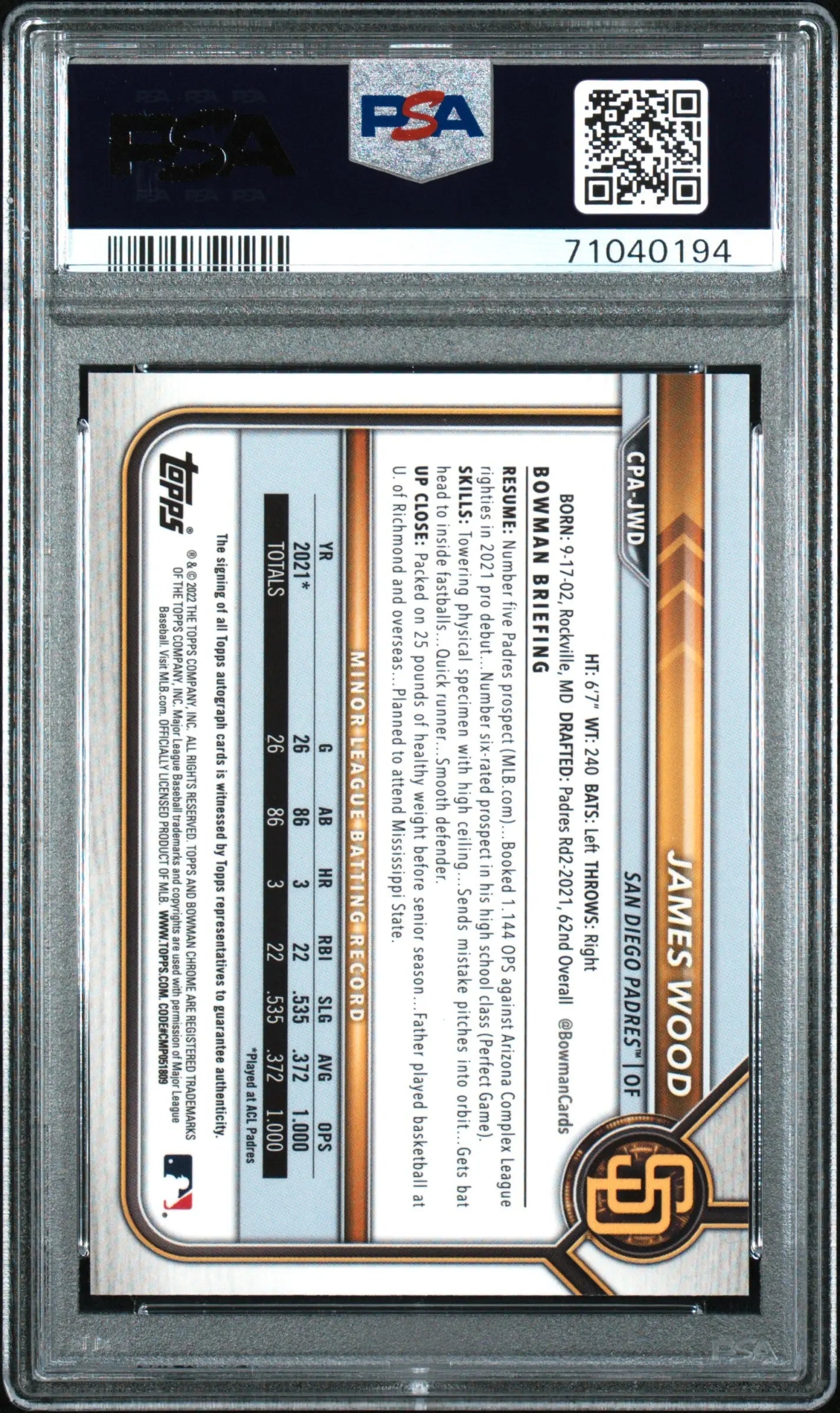 2022 Topps Bowman Chrome Prospect Autographs James Wood Auto PSA 10 