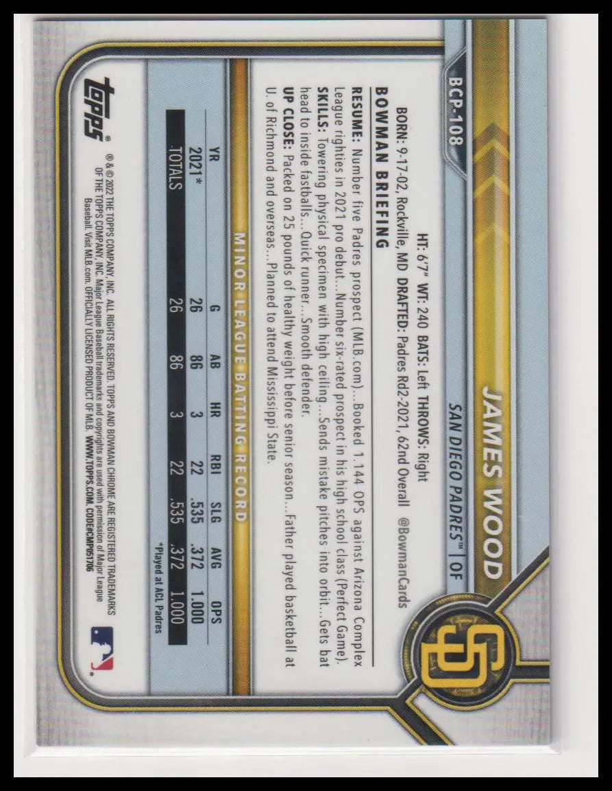 2022 Topps Bowman Chrome Prospect James Wood Green Shimmer /99 