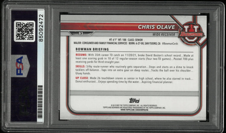 2022 Topps Bowman University Autograph Chris Olave Auto PSA Authentic Auto 