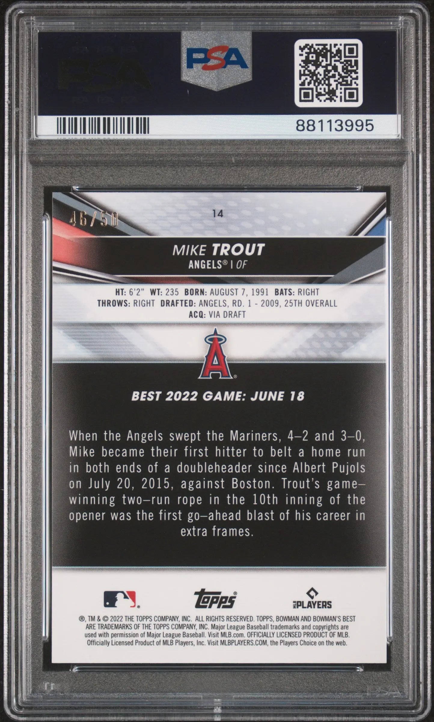 2022 Topps Bowman's Best Mike Trout  Gold Refractor /150 PSA 10 