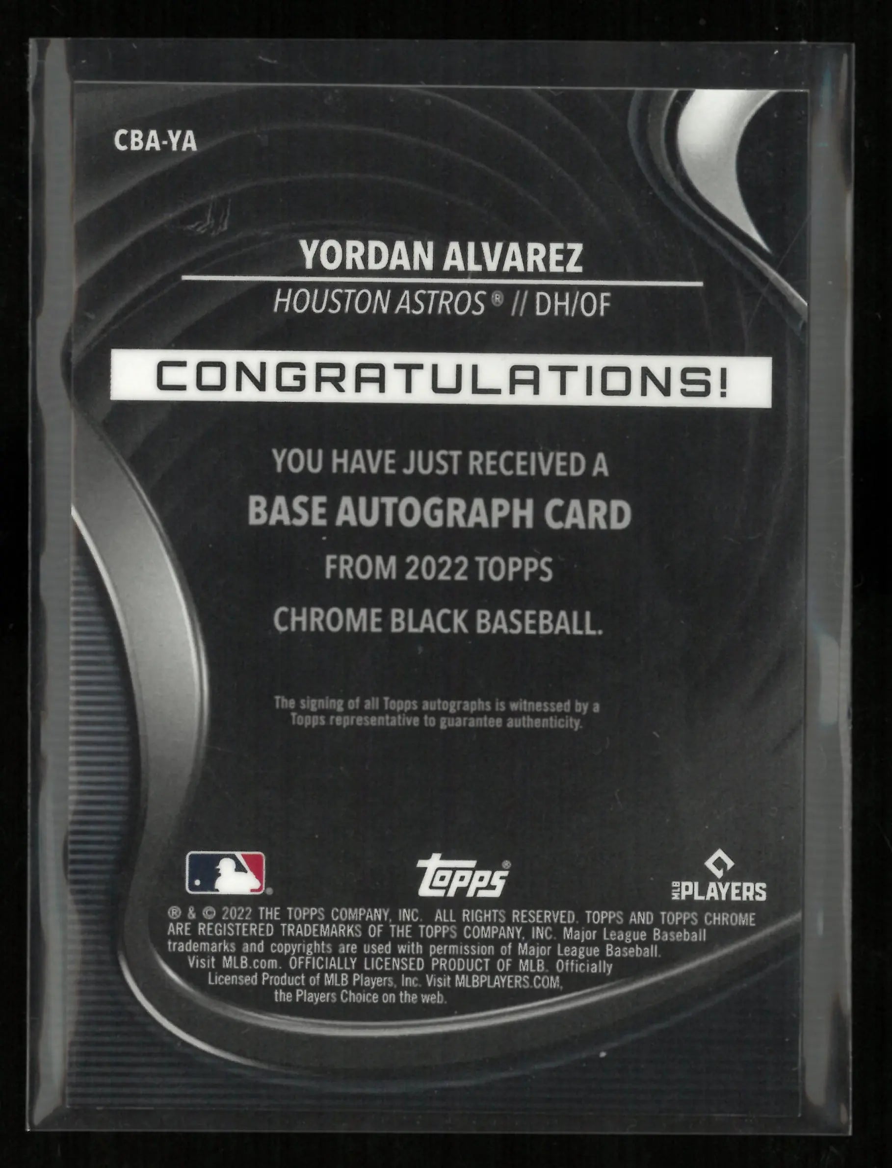 2022 Topps Chrome Black Base Autograph Yordan Alvarez Autograph Gold /50 