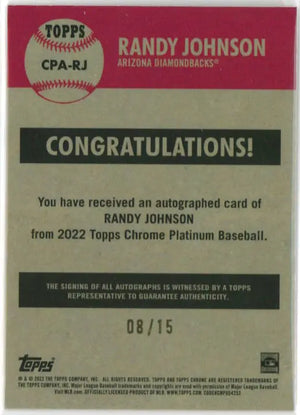 2022 Topps Chrome Platinum Autograph Randy Johnson Auto Pink /15 