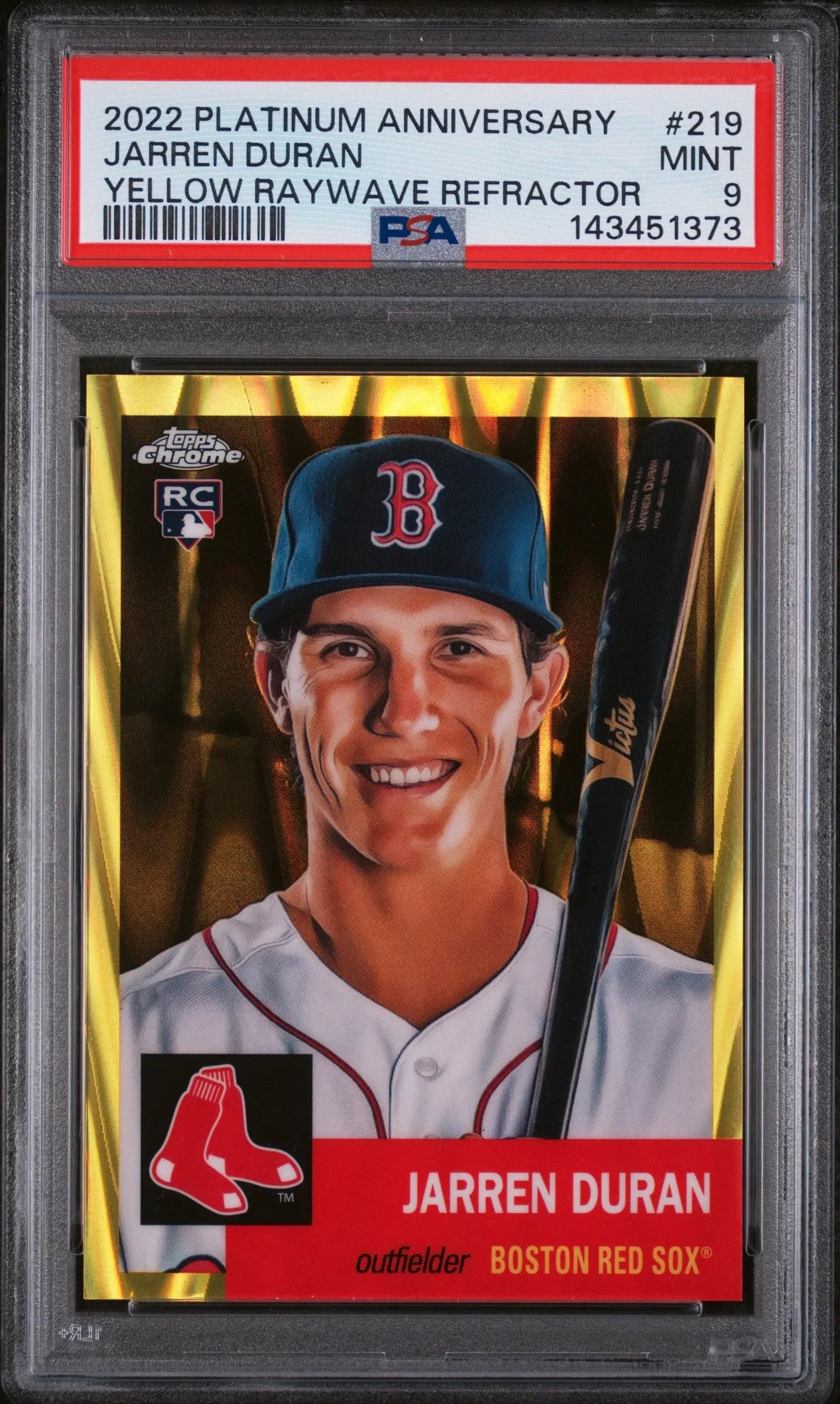 2022 Topps Chrome Platinum Jarren Duran RC Yellow Raywave Refractor PSA 9 /250 
