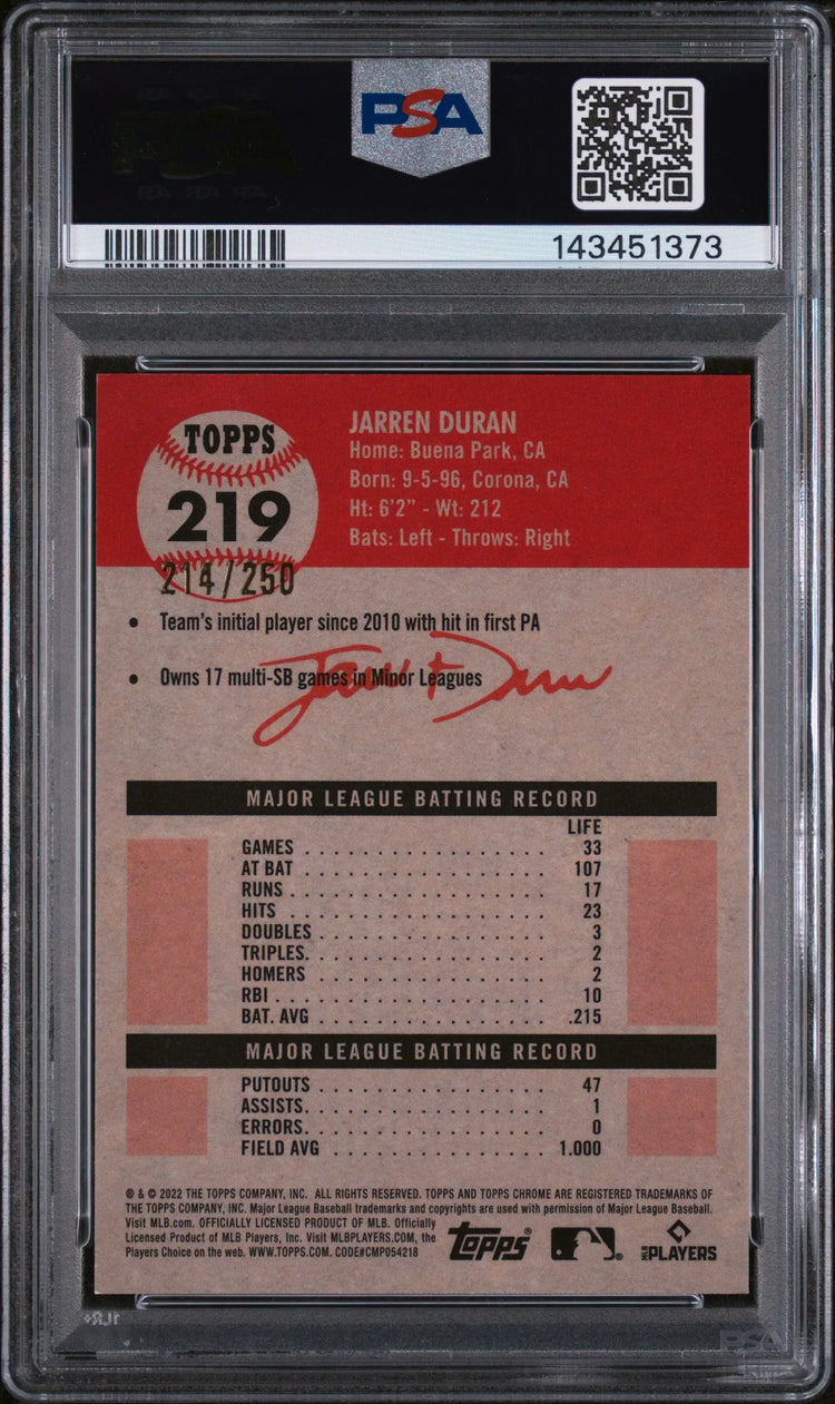 2022 Topps Chrome Platinum Jarren Duran RC Yellow Raywave Refractor PSA 9 /250 