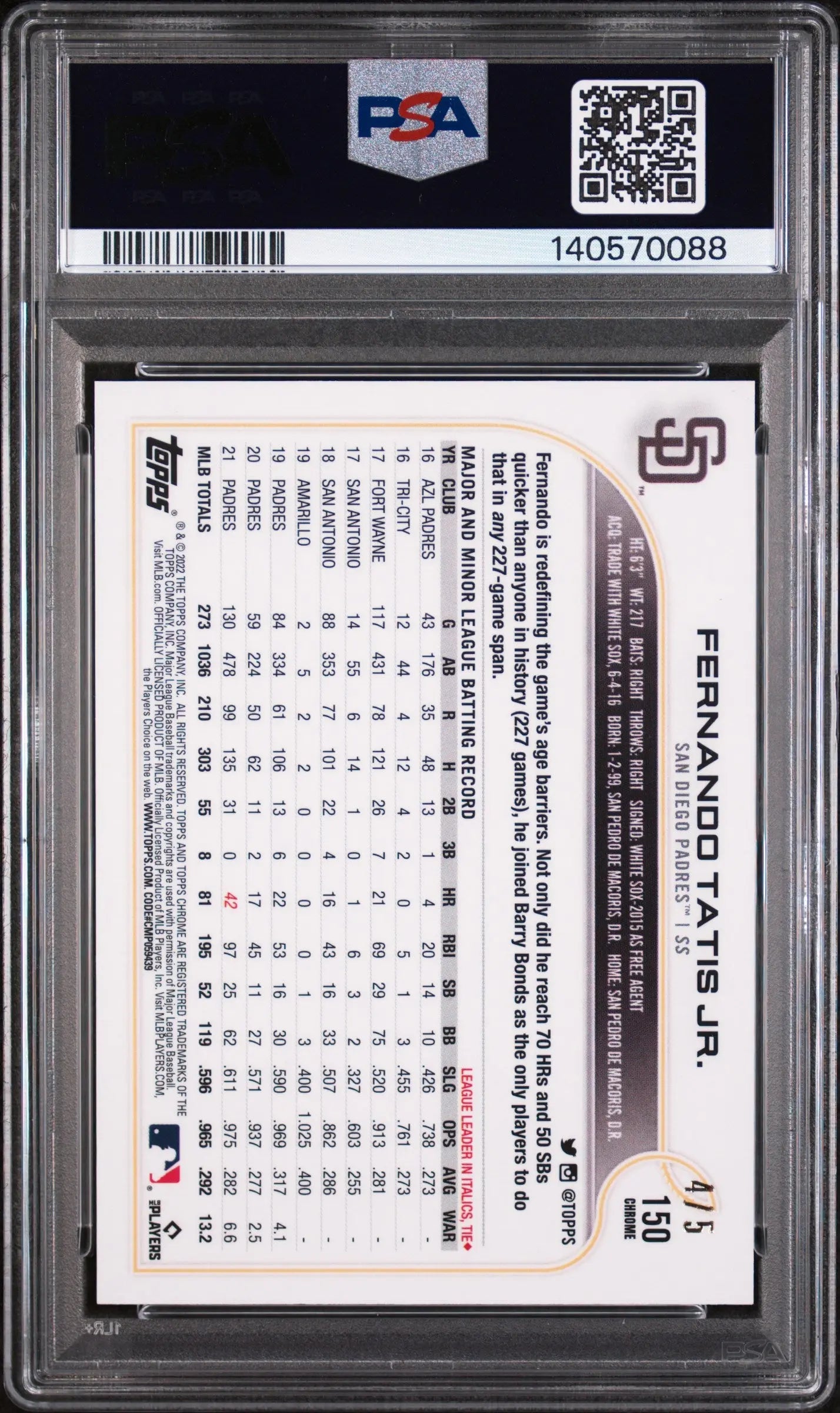 2022 Topps Chrome Sonic Fernando Tatis JR Red Raywave Refractor /5 PSA 8 