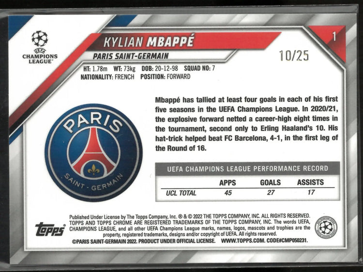 2022 Topps Chrome UEFA Champions League Kylian Mbappe Orange /25 