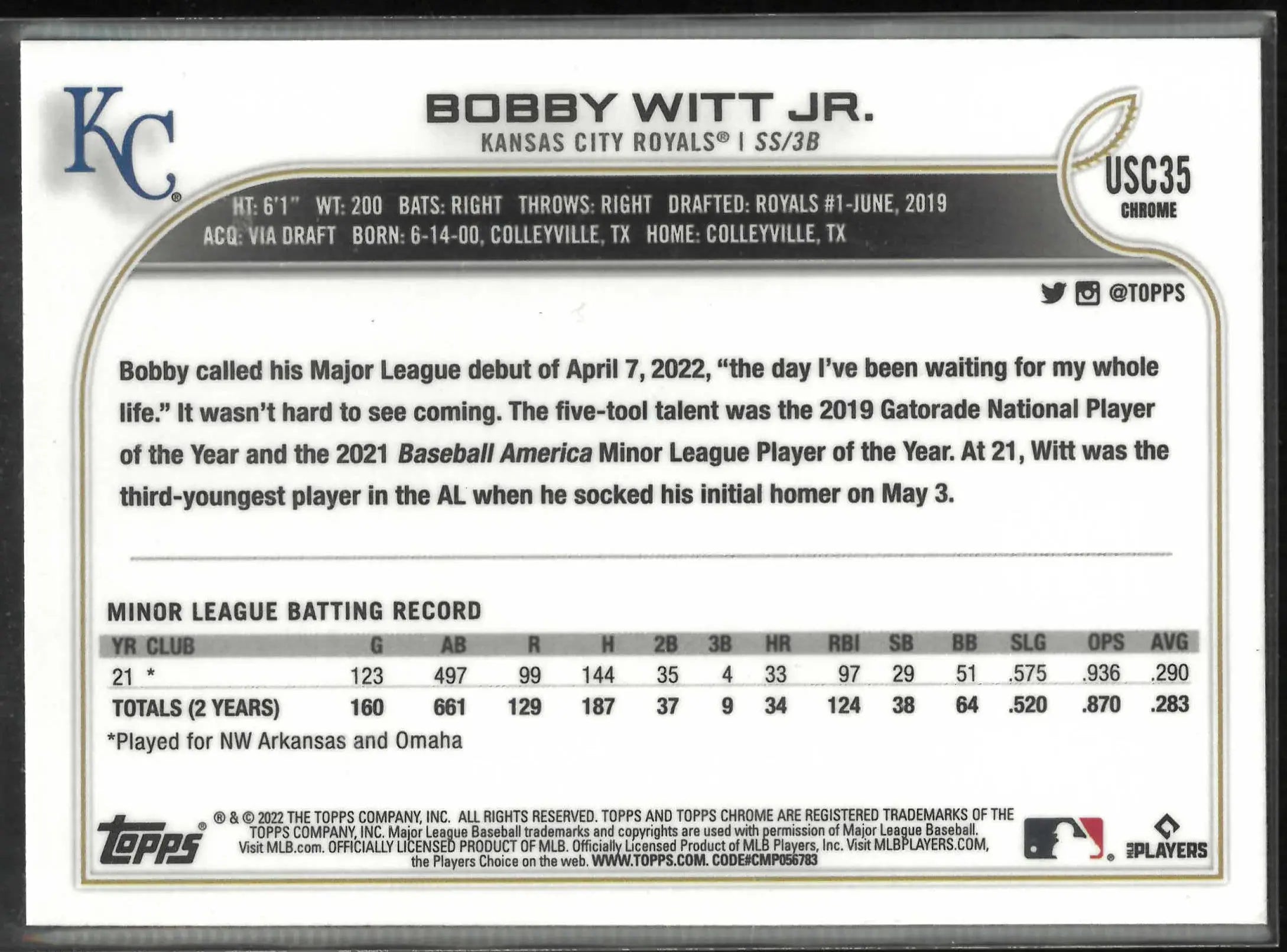 2022 Topps Chrome Update Rookie Bobby Witt Jr. Purple Refractor RC 