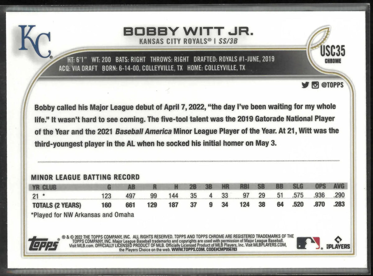 2022 Topps Chrome Update Rookie Bobby Witt Jr. Purple Refractor RC 
