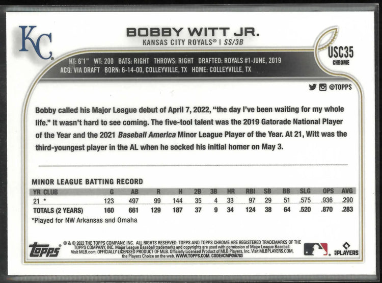 2022 Topps Chrome Update Rookie Bobby Witt Jr. Purple Refractor RC 