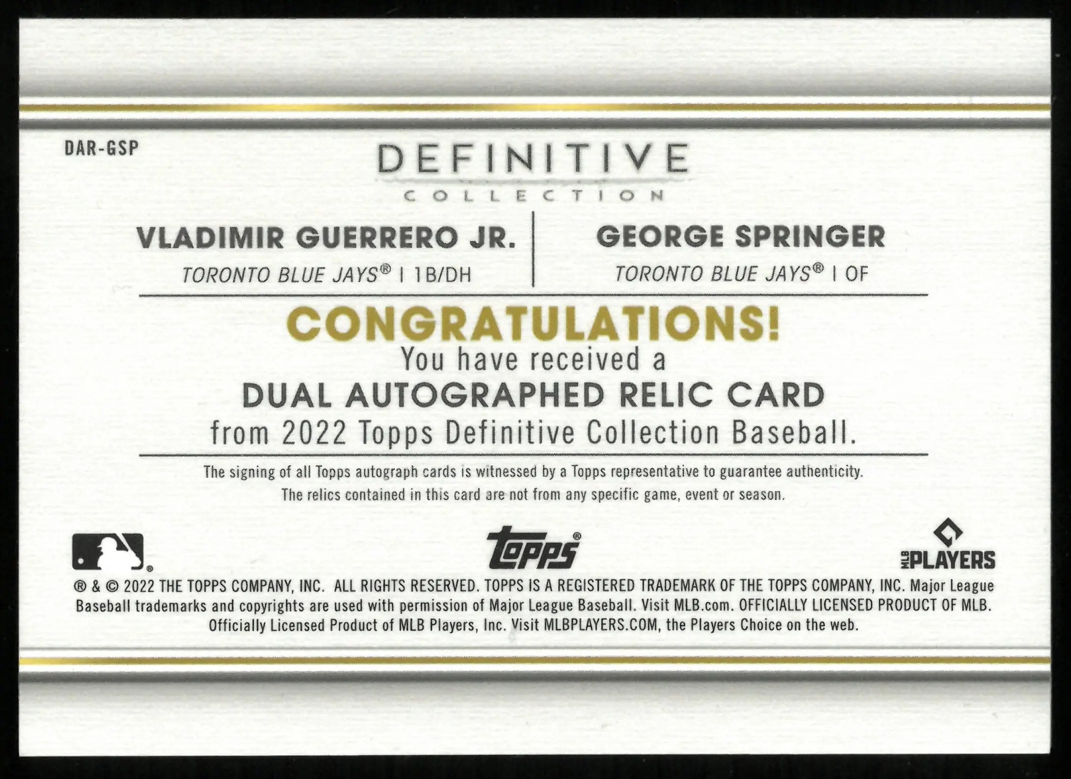 2022 Topps Definitive Baseball Guerrero Jr. Springer Dual Patch Relic Auto /35 