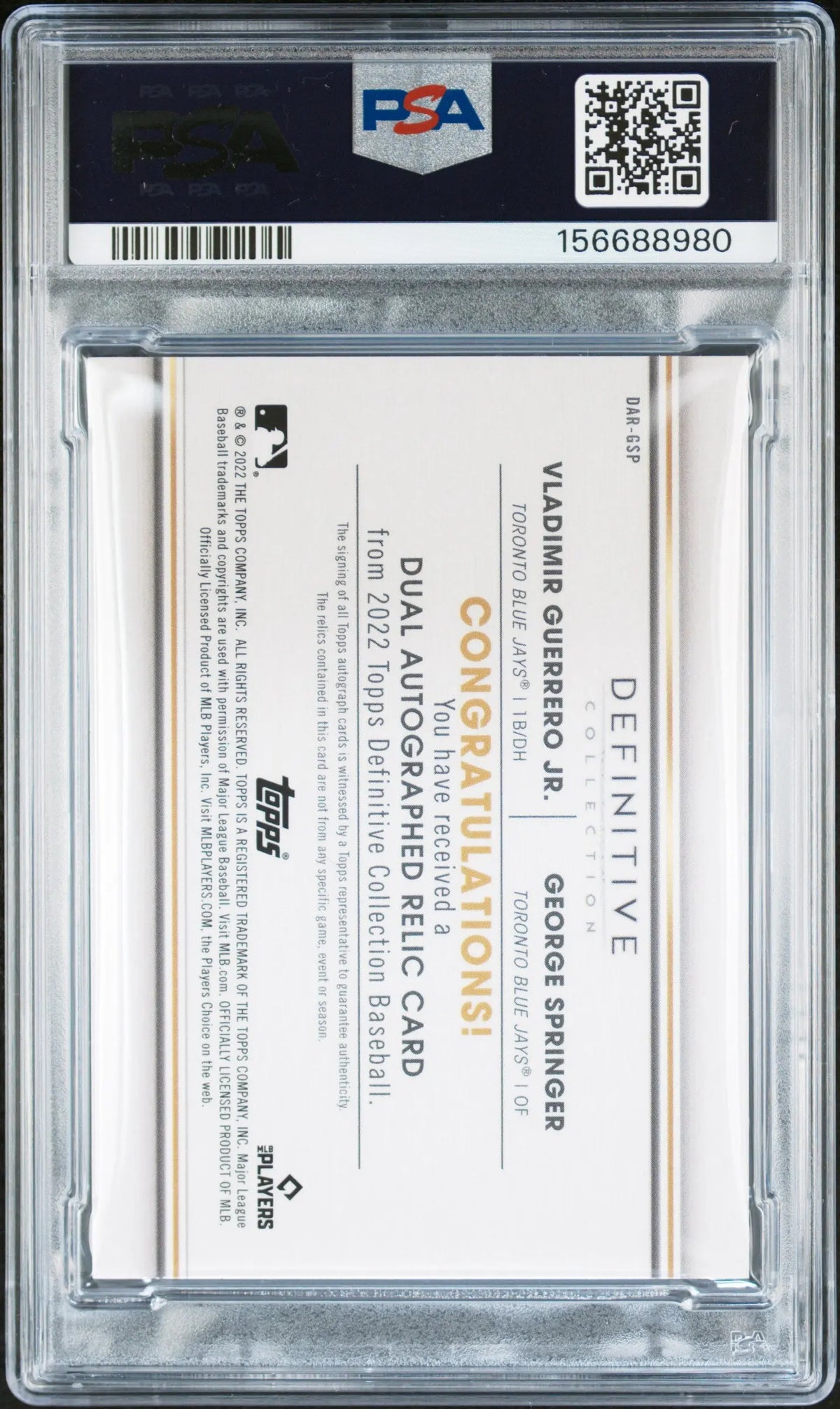 2022 Topps Definitive Dual Autograph Relic Springer/Guerrero Jr. Auto /35 PSA 9 