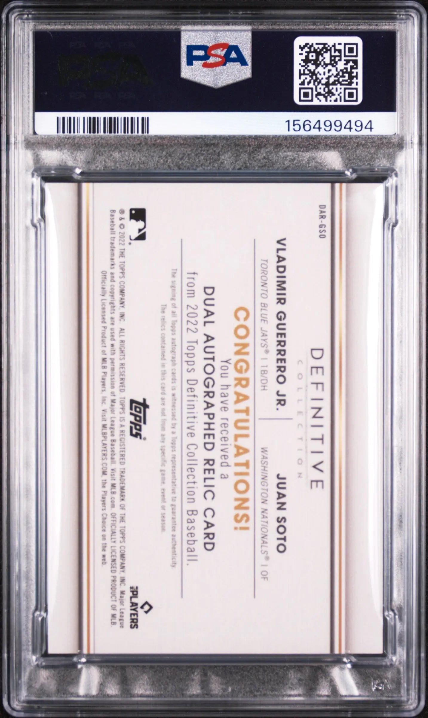 2022 Topps Definitive Dual Autographed Patch V.Guerrero JR/J.Soto Auto /15 PSA 7 