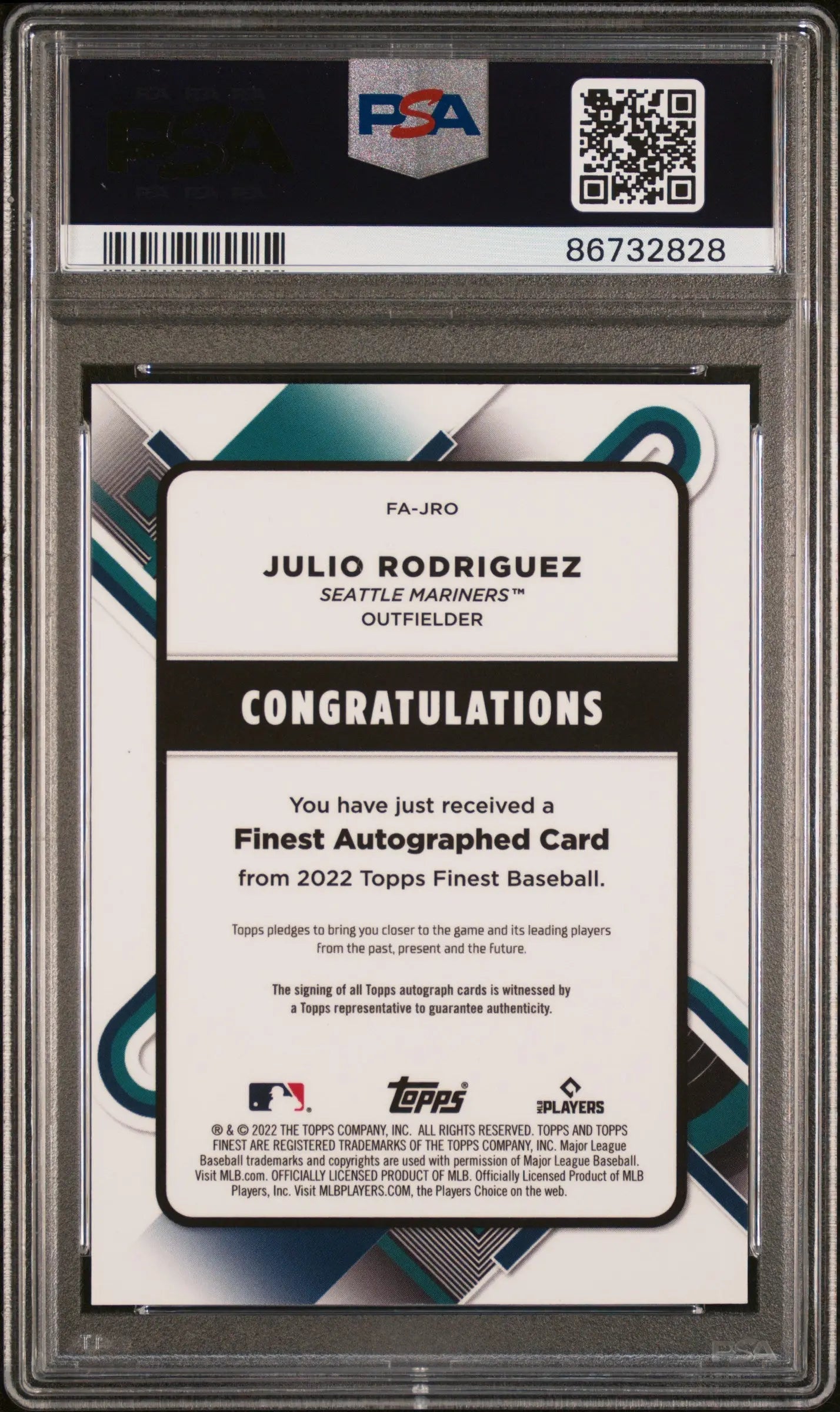 2022 Topps Finest Autographs Auto Julio Rodriguez RC Red Refractor 1/5 PSA 10 