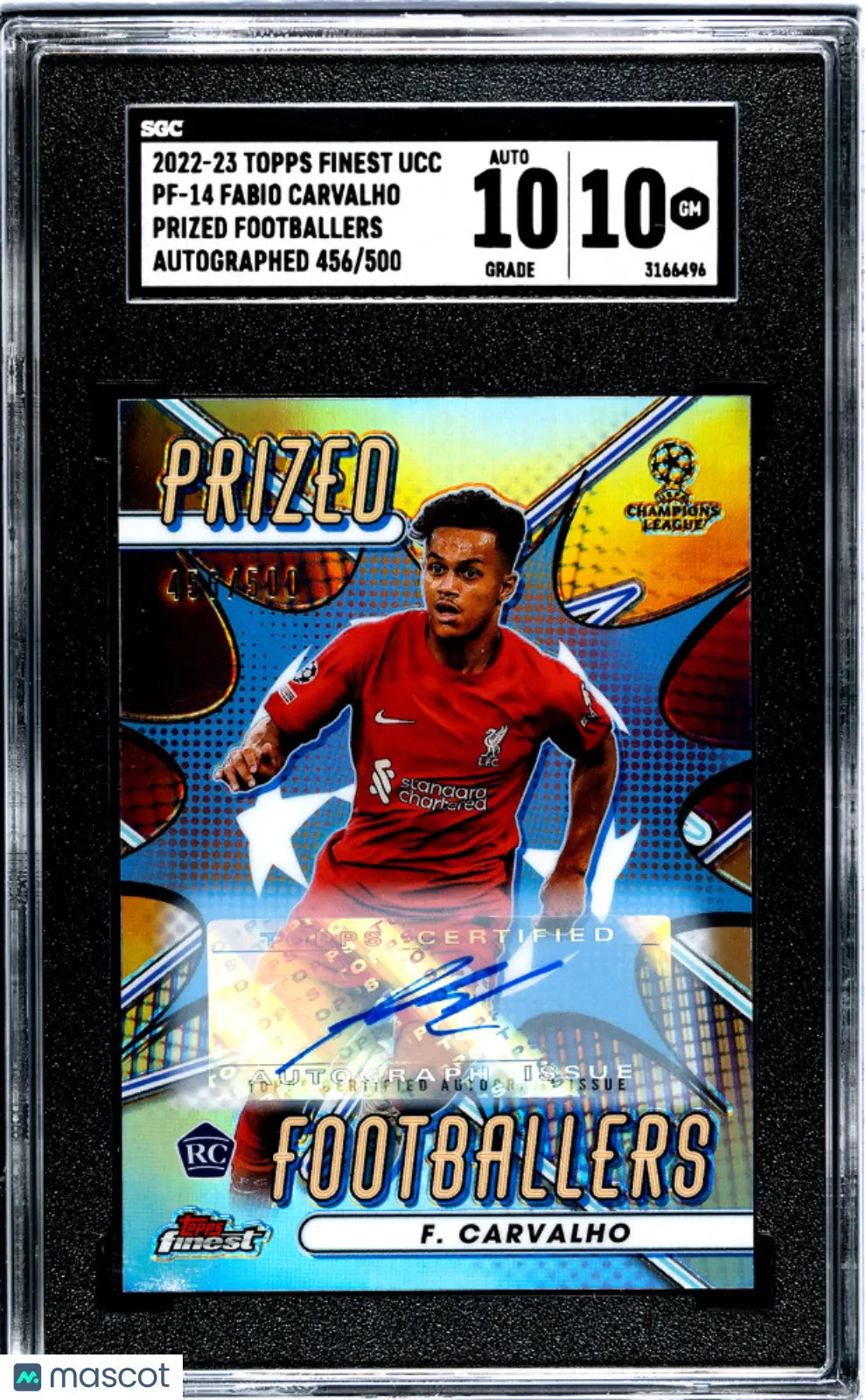2022 Topps Finest UCC Fabio Carvalho RC Prized Footballers Auto SGC 10