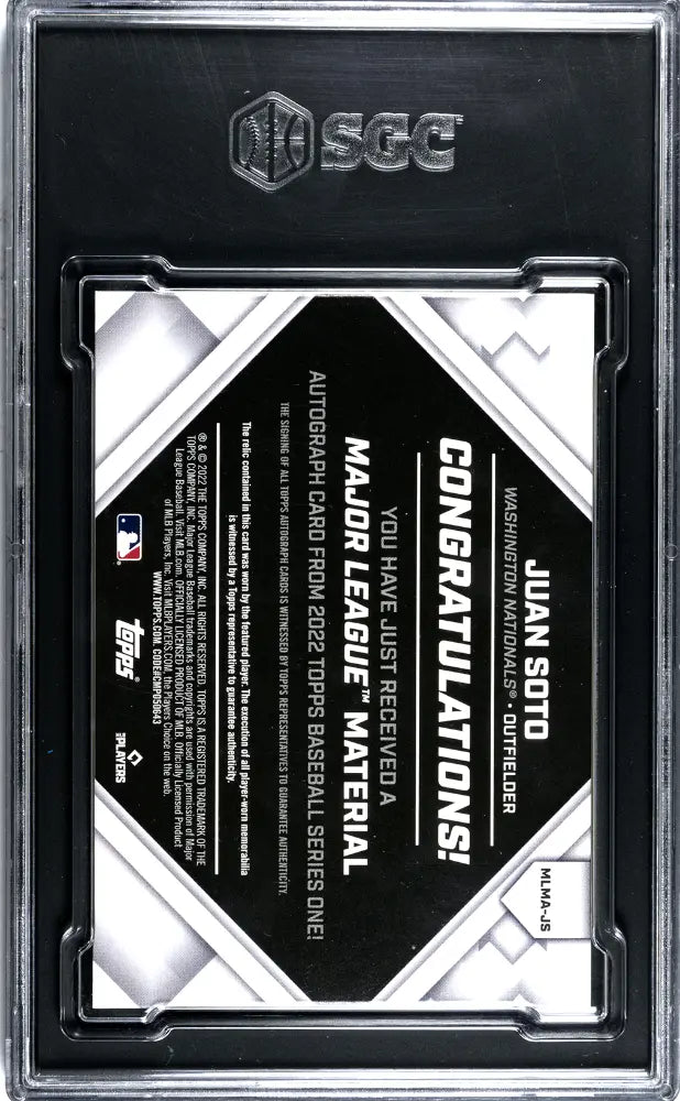 2022 Topps Major League Patch Autograph Juan Soto Auto Red /25 SGC 9 Auto 10 